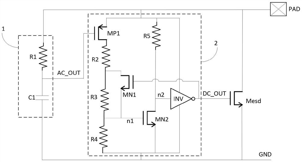 High-voltage-resistant clamping circuit with alternating current detection and direct current detection