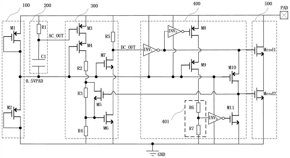 High-voltage-resistant clamping circuit with alternating current detection and direct current detection