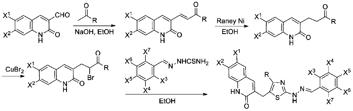 3-[[2-(2-benzyl hydrazono) thiazole-5-base] methyl] quinoline-2 (1H)-ketone and preparation and applications thereof