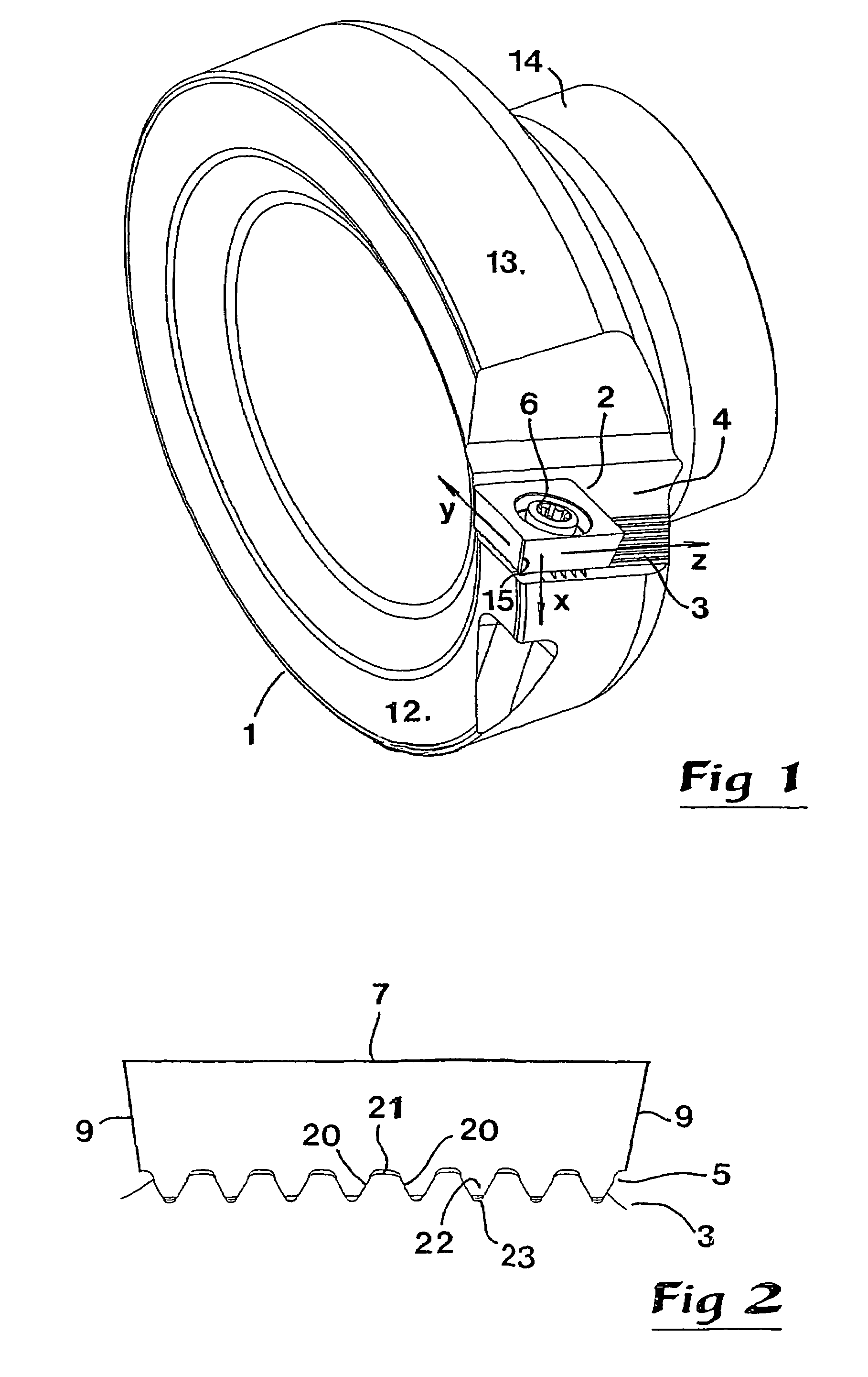 Cutting tool and insert with serrated contact surfaces between holder and insert