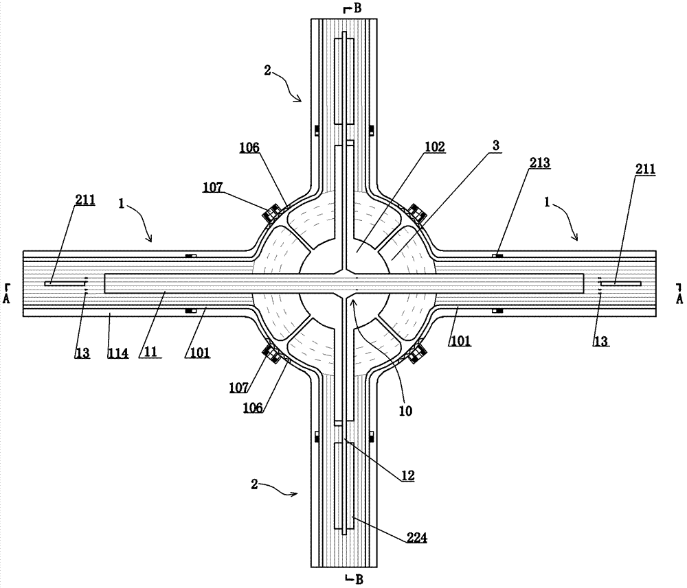 Stereoscopic crossroad parking multi-station through linkage hinge type pendulum flyover