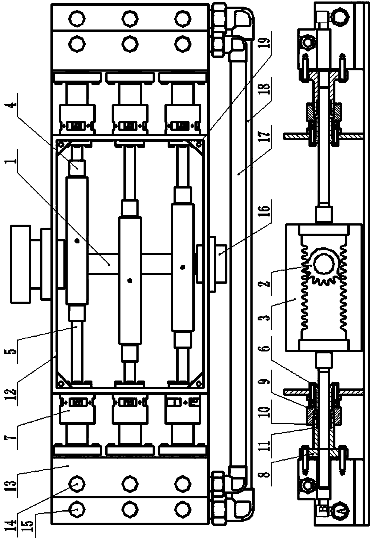 A horizontal three-cylinder plunger reciprocating pump driven by rack and pinion