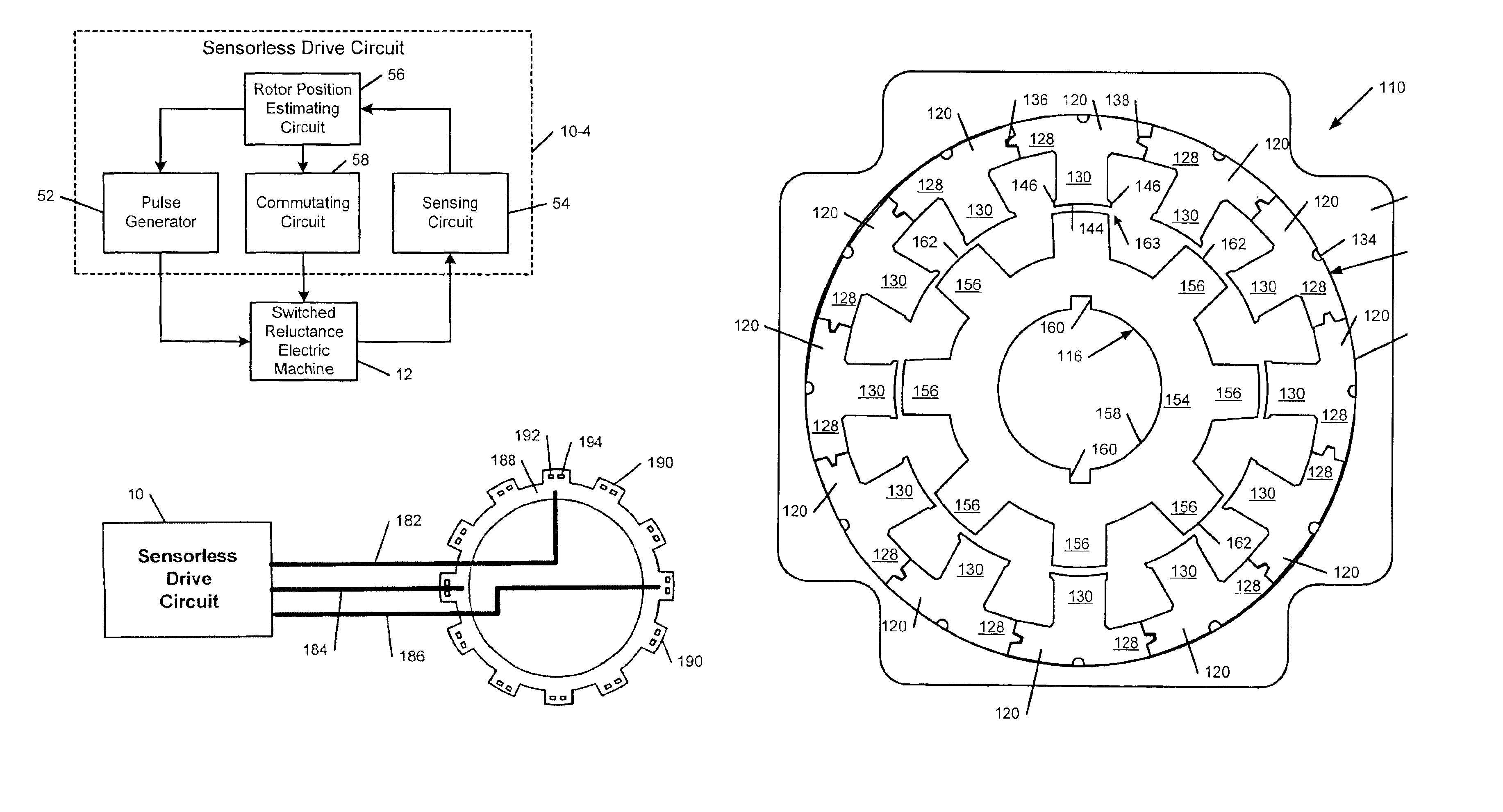 Sensorless switched reluctance electric machine with segmented stator