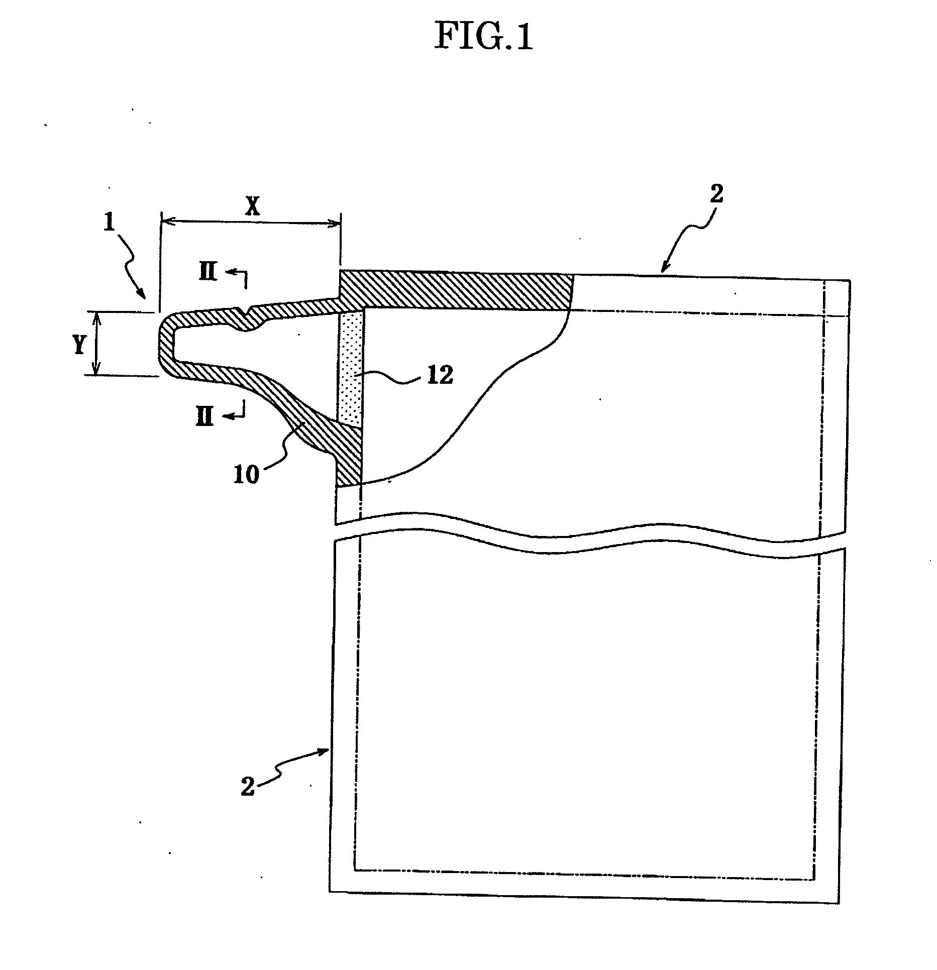 Flexible package bag provided with one-way functioning nozzle and packaging structure for liquid material