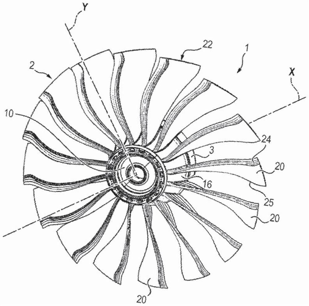 Turbomachine assembly comprising fan blades with an extended trailing edge