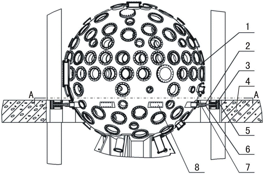 A radial support device for seismic protection of a large-scale high-stability target chamber