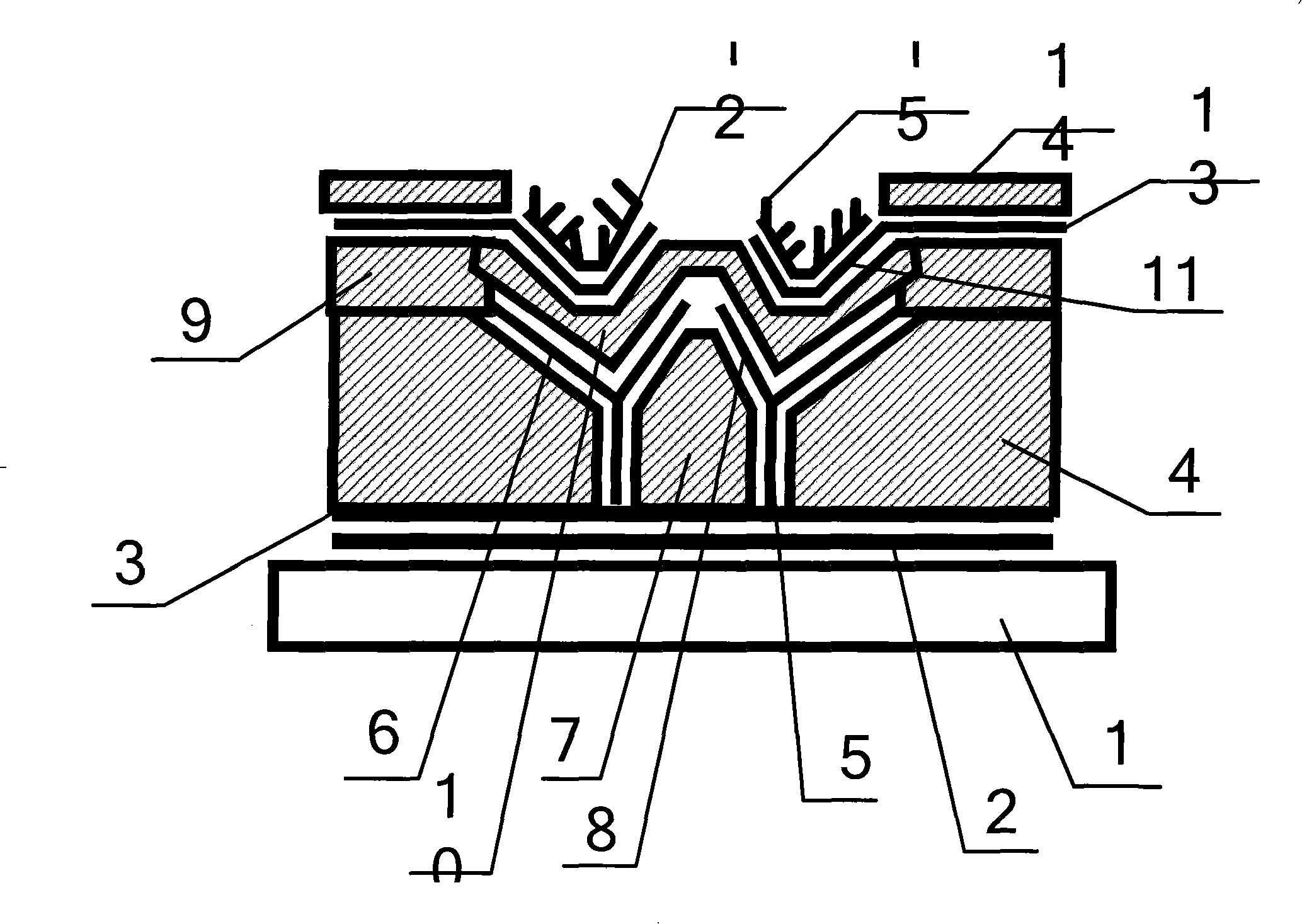 Flat panel display with branching control inflected arch cathode type structure and production process thereof