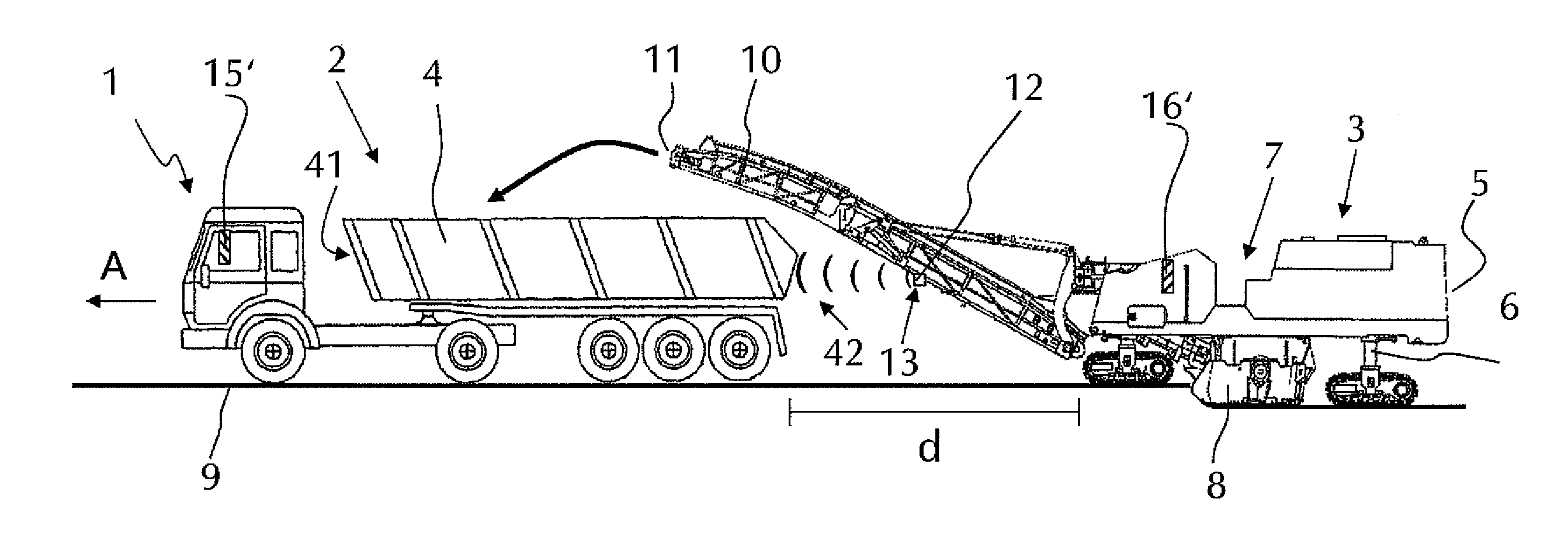 Work train with a milling device and a transport device with a sensor device for distance monitoring, milling device with a sensor device and method for distance monitoring with a work train