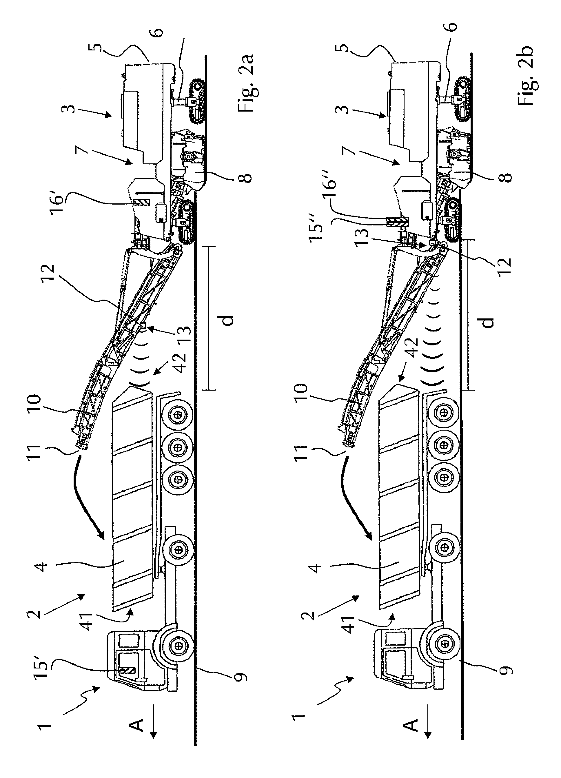 Work train with a milling device and a transport device with a sensor device for distance monitoring, milling device with a sensor device and method for distance monitoring with a work train