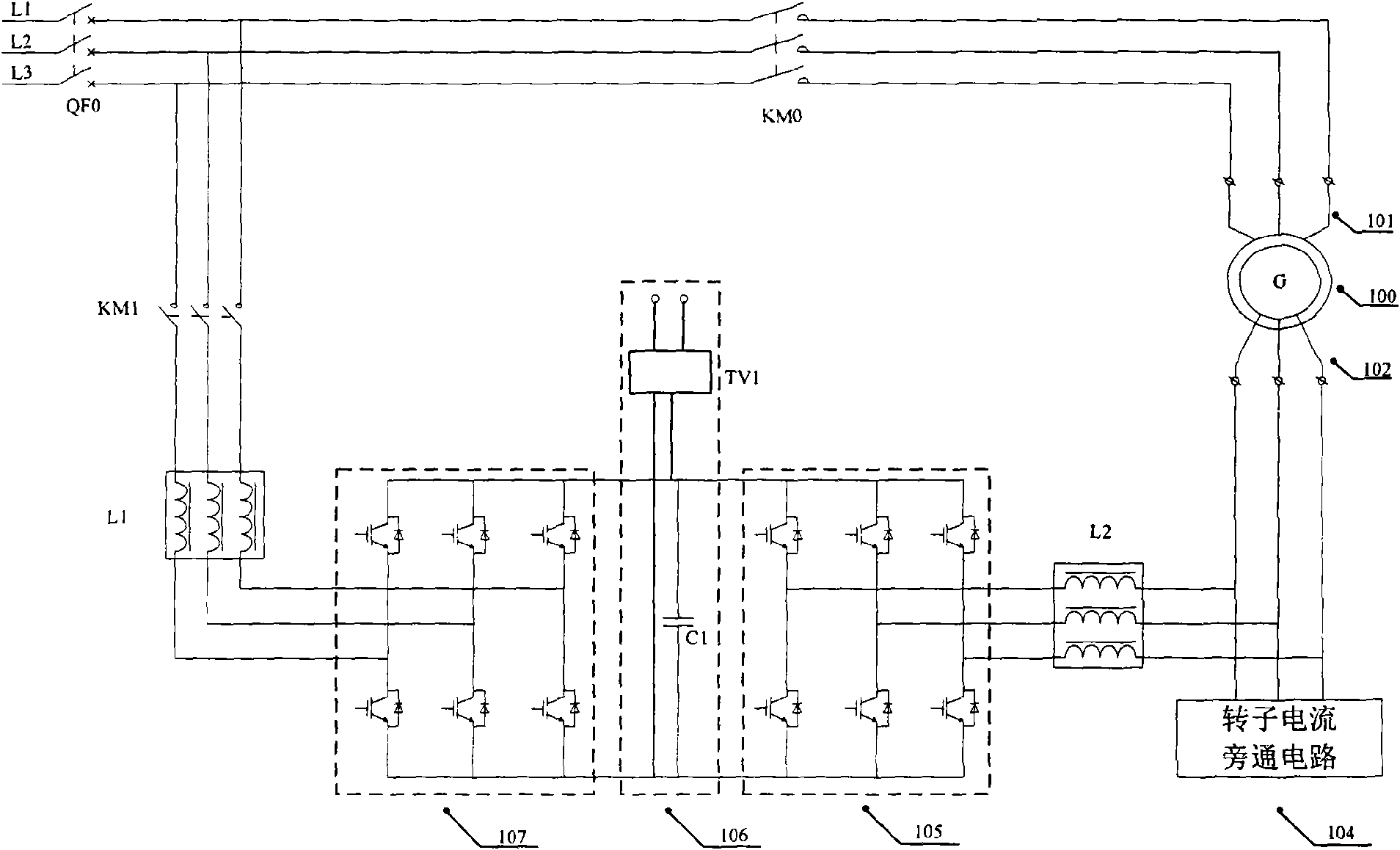 Converter for low-voltage traversing double-fed wind driven generator