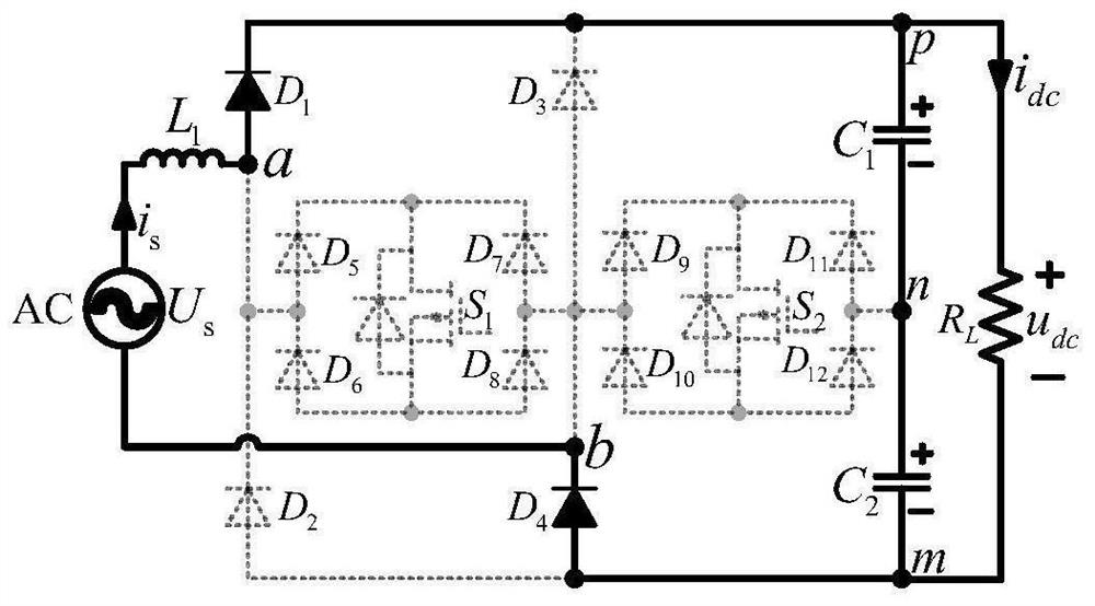 Double-switch three-level rectifier with symmetrical T-shaped bridges