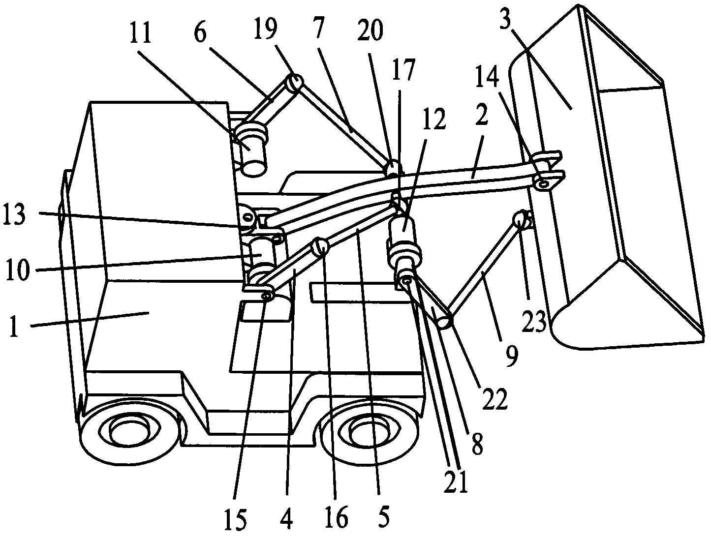 Spatially controllable mechanism type loader with two-dimensional rotatory moving arm and one-dimensional rotary bucket