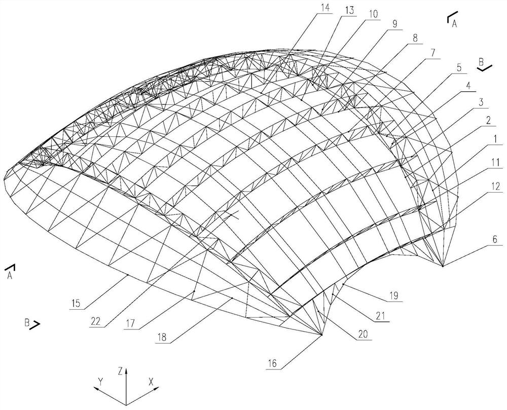 Combined large-span orthogonal truss roof structure supported by four corners of double-arch three-dimensional truss on ground, forming method and application