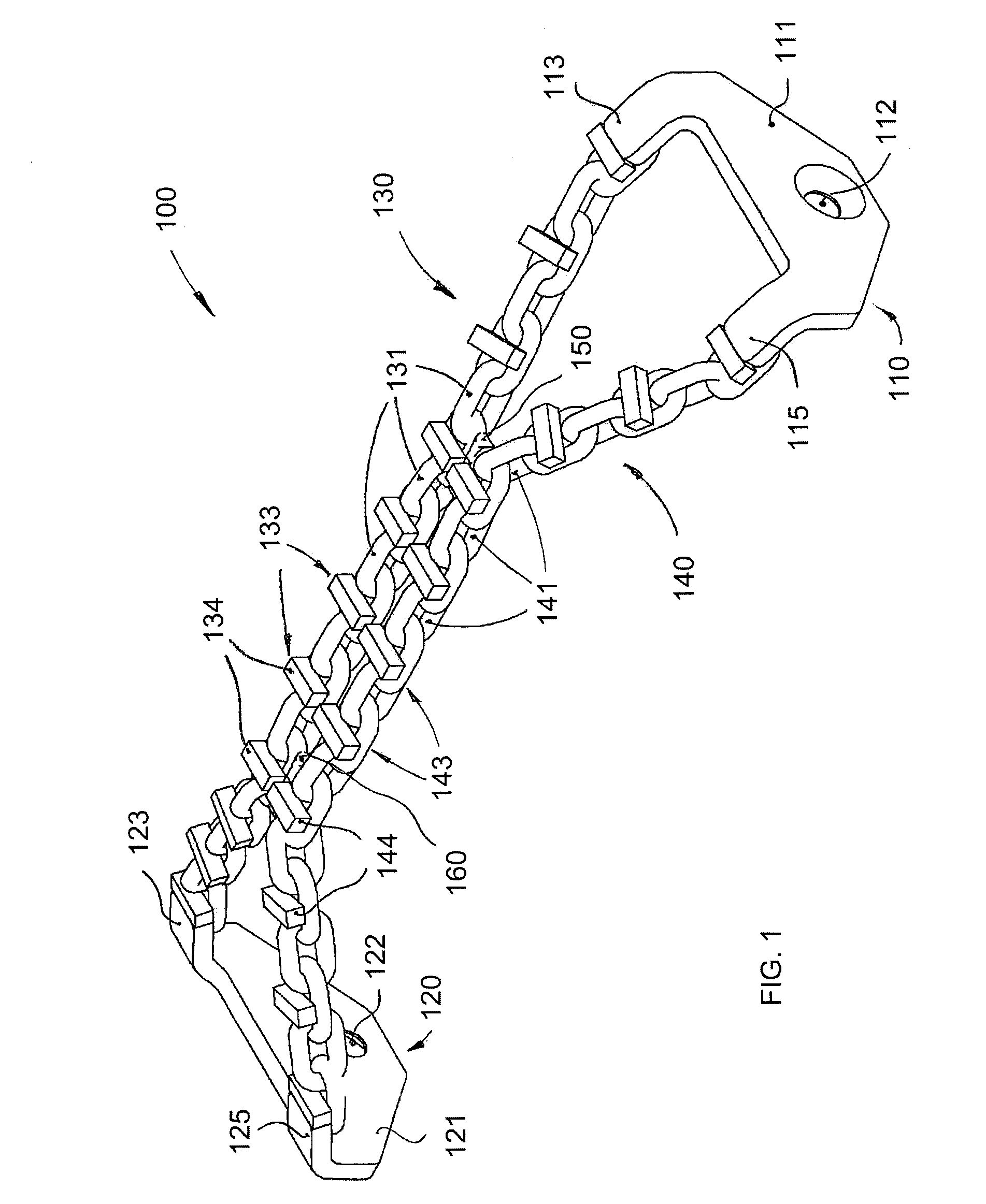 Traction chain assembly for elastomeric tracks