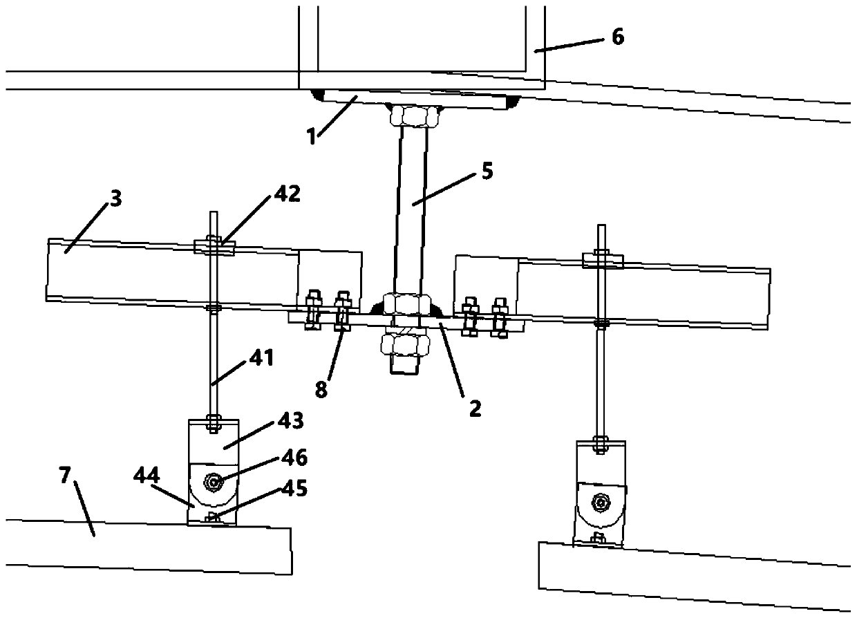 A combined ceiling suspension device and installation method under a tall curved steel structure
