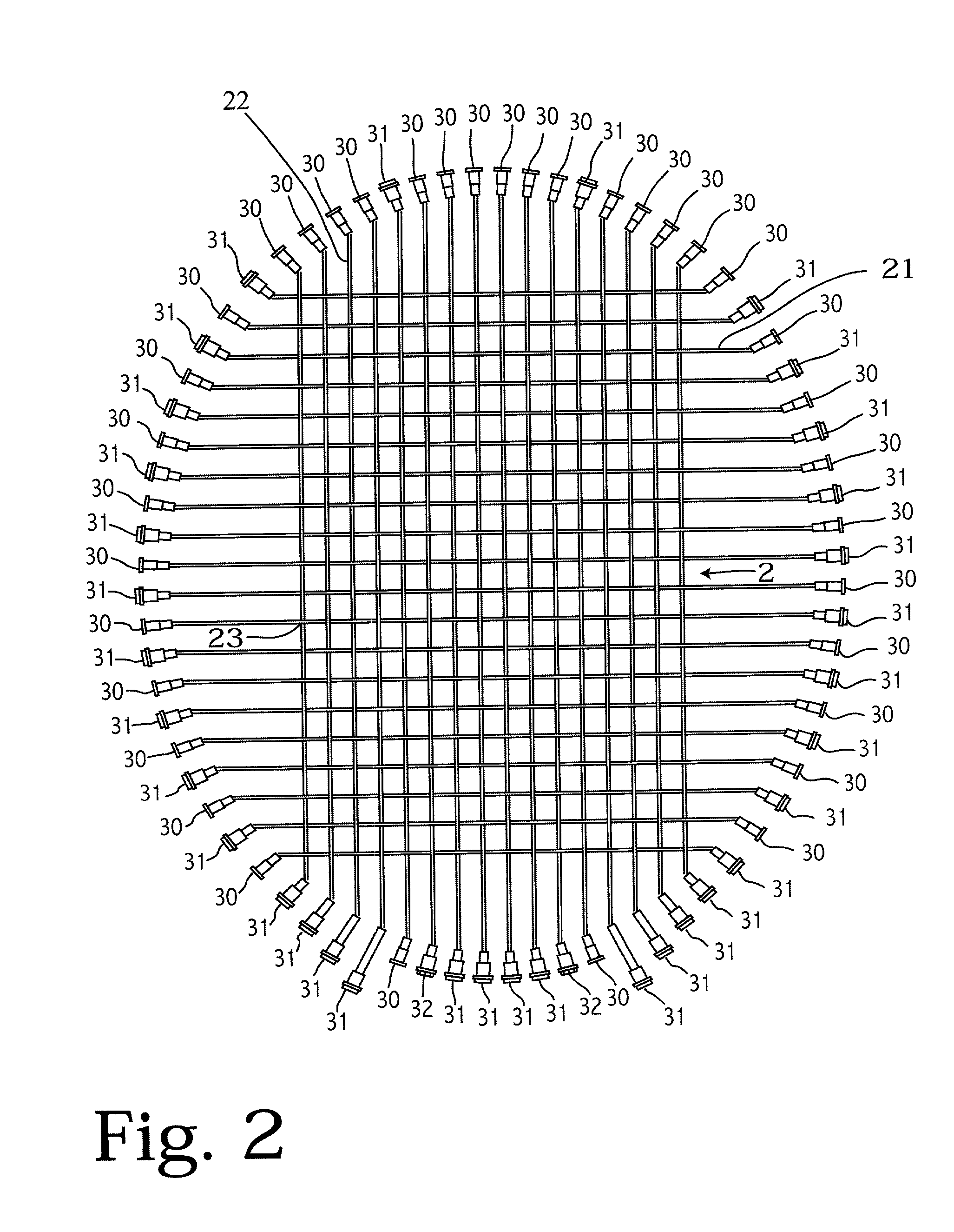 Interlocking string network for sports rackets