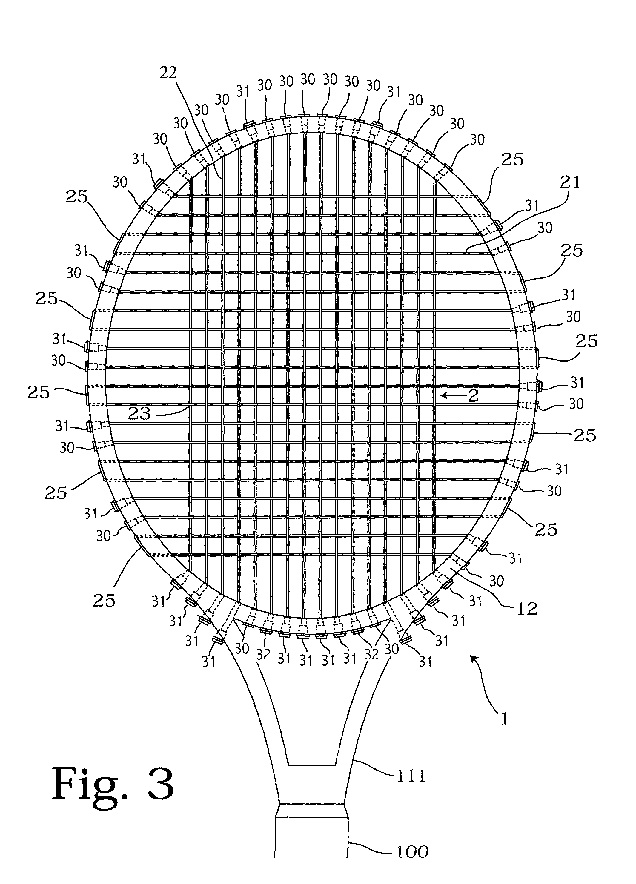 Interlocking string network for sports rackets