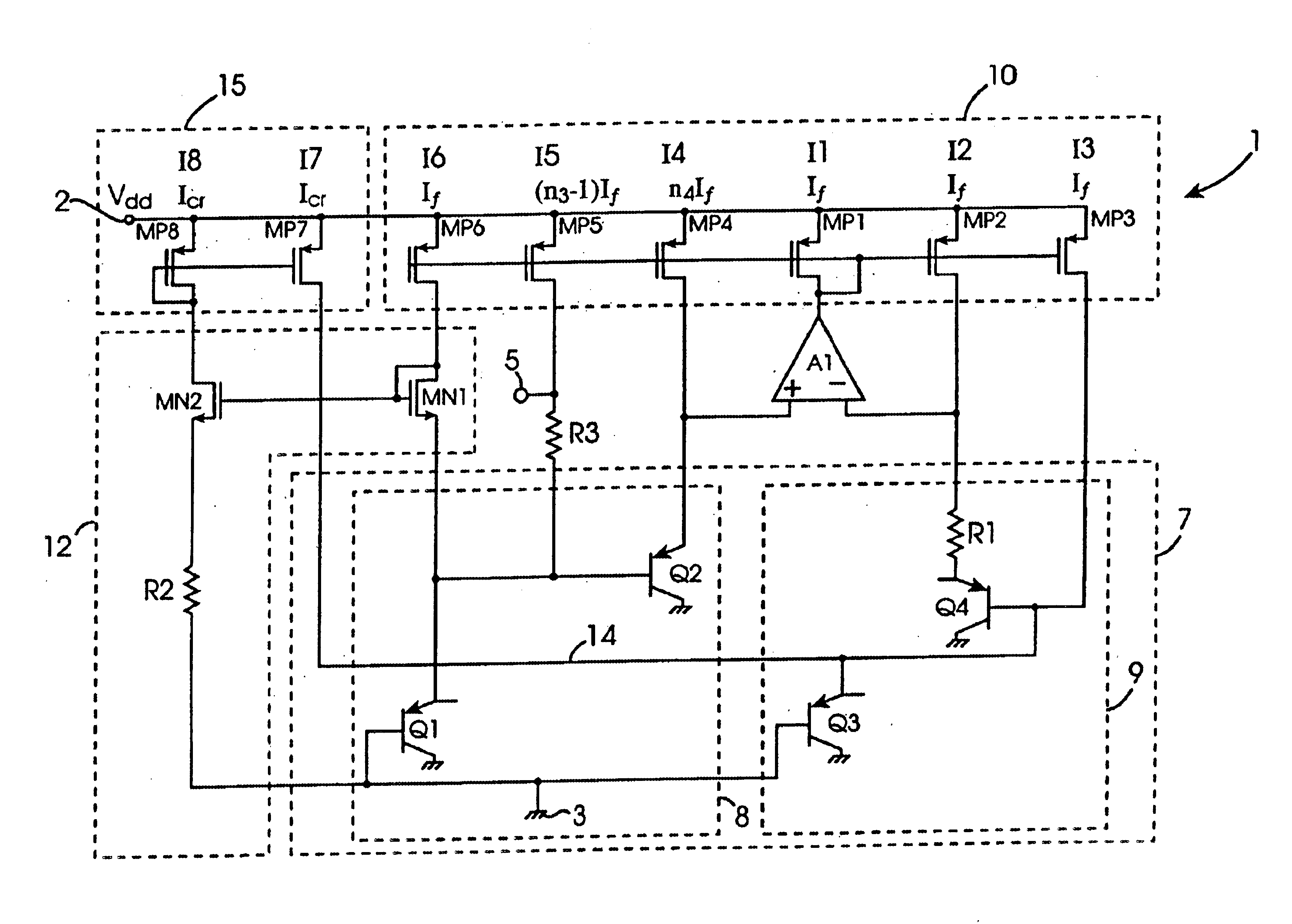 Bandgap voltage reference circuit and method for producing a temperature curvature corrected voltage reference