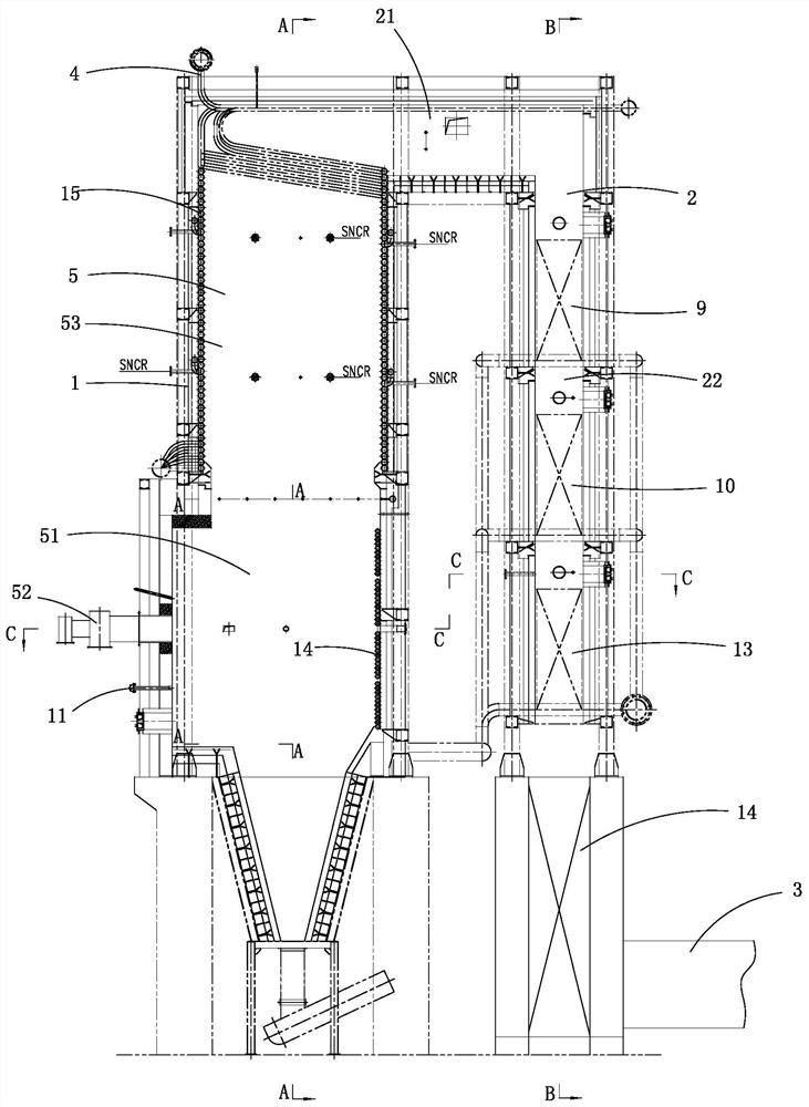 Anti-coking structure of double furnace heat transfer oil boiler