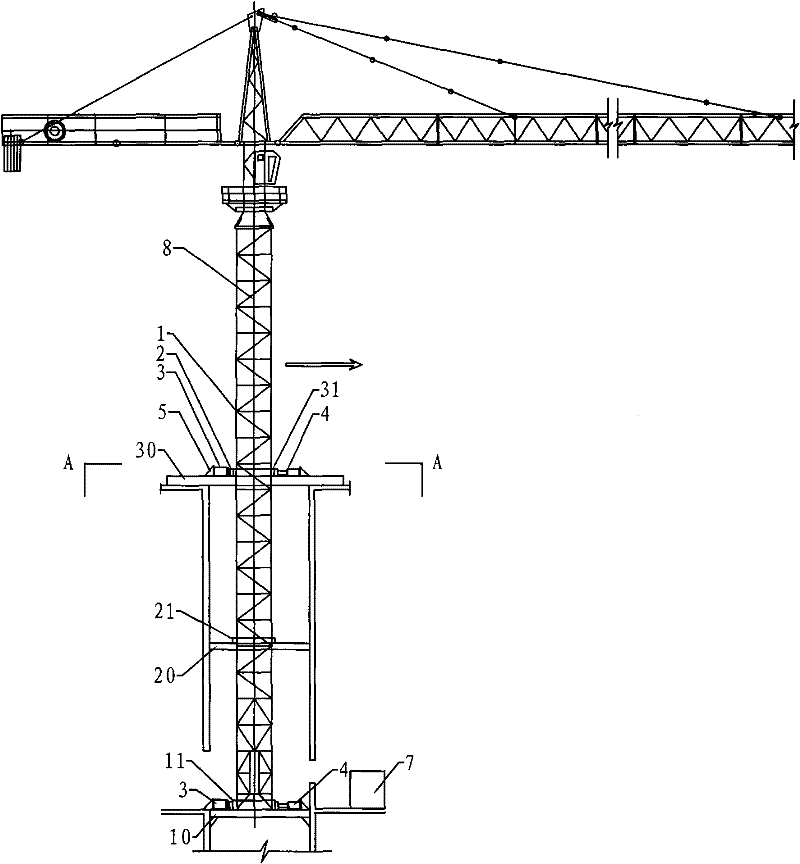 Integral translation device and method for internal climbing tower crane