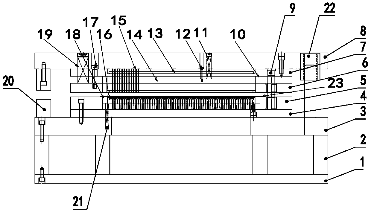 A three-in-one stamping die and process for a main board of a water tank