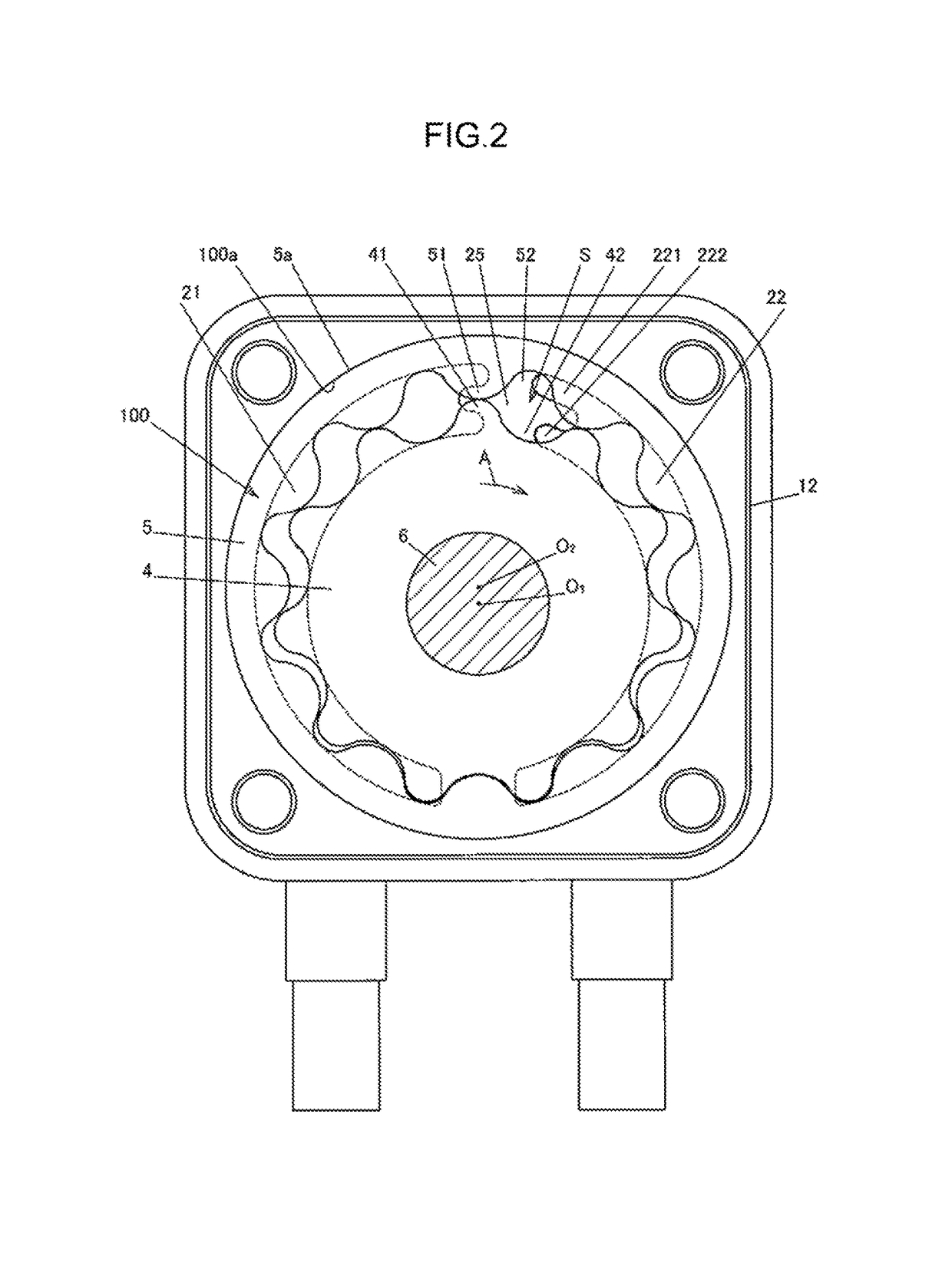 Oil pump having extension portions that reduce the effect of #the collapse of bubbles in the oil