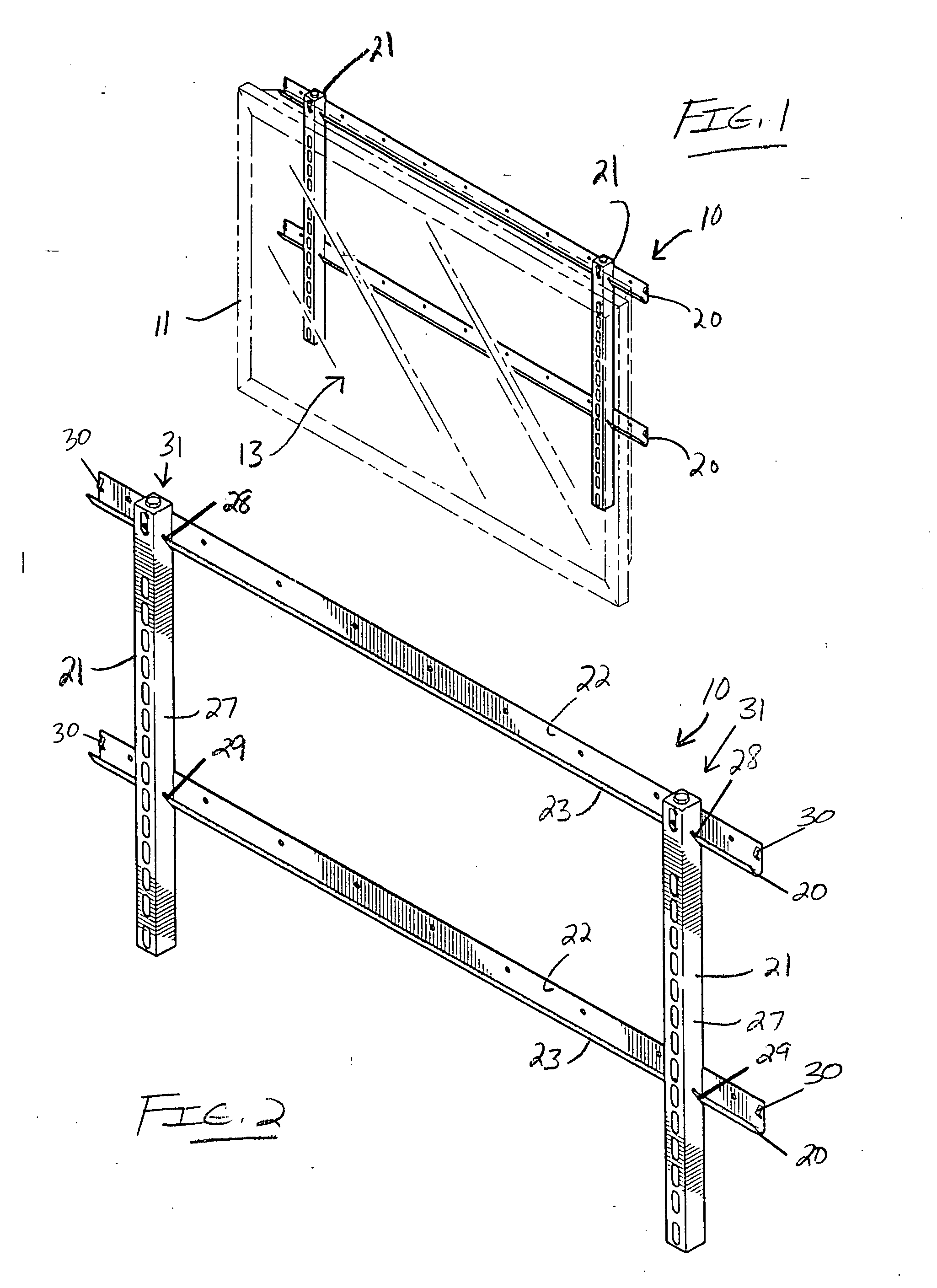 Flat panel television mounting assembly, and method