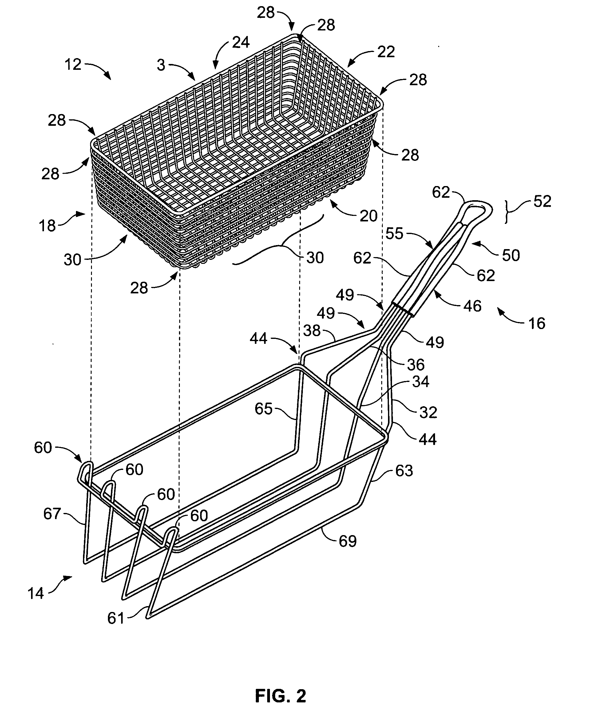In-frame wire fry basket with ergonomic handle