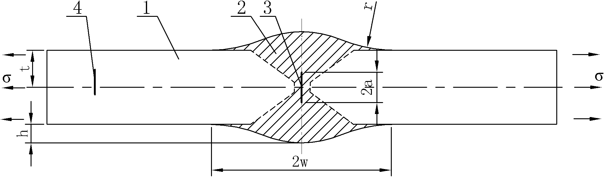 Designing method for realizing equal load-carrying of tension-loaded butt joint with central crack on welding line, and application of K factor