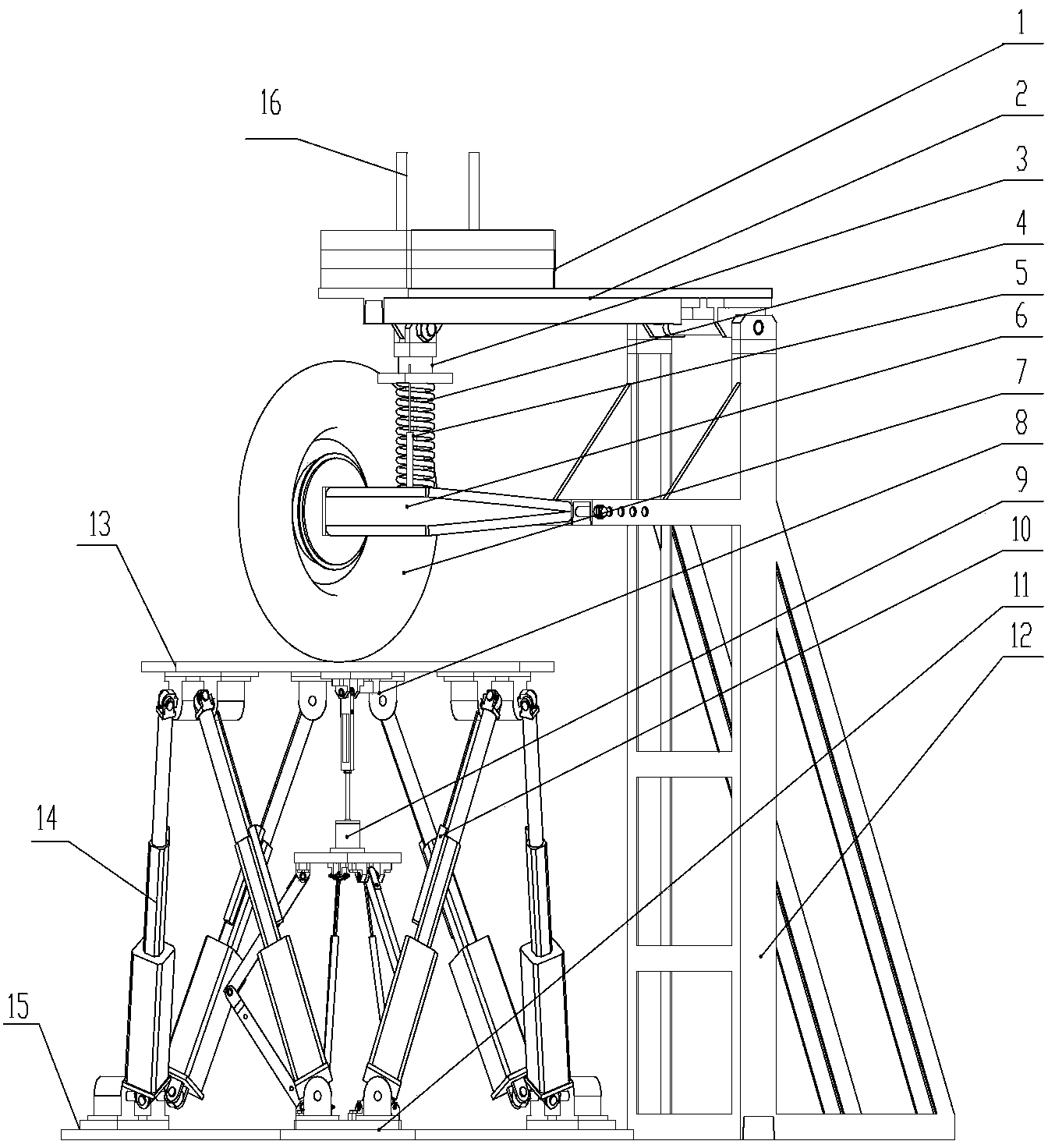 Six-dimensional parallel-connection test bench for automobile suspension test