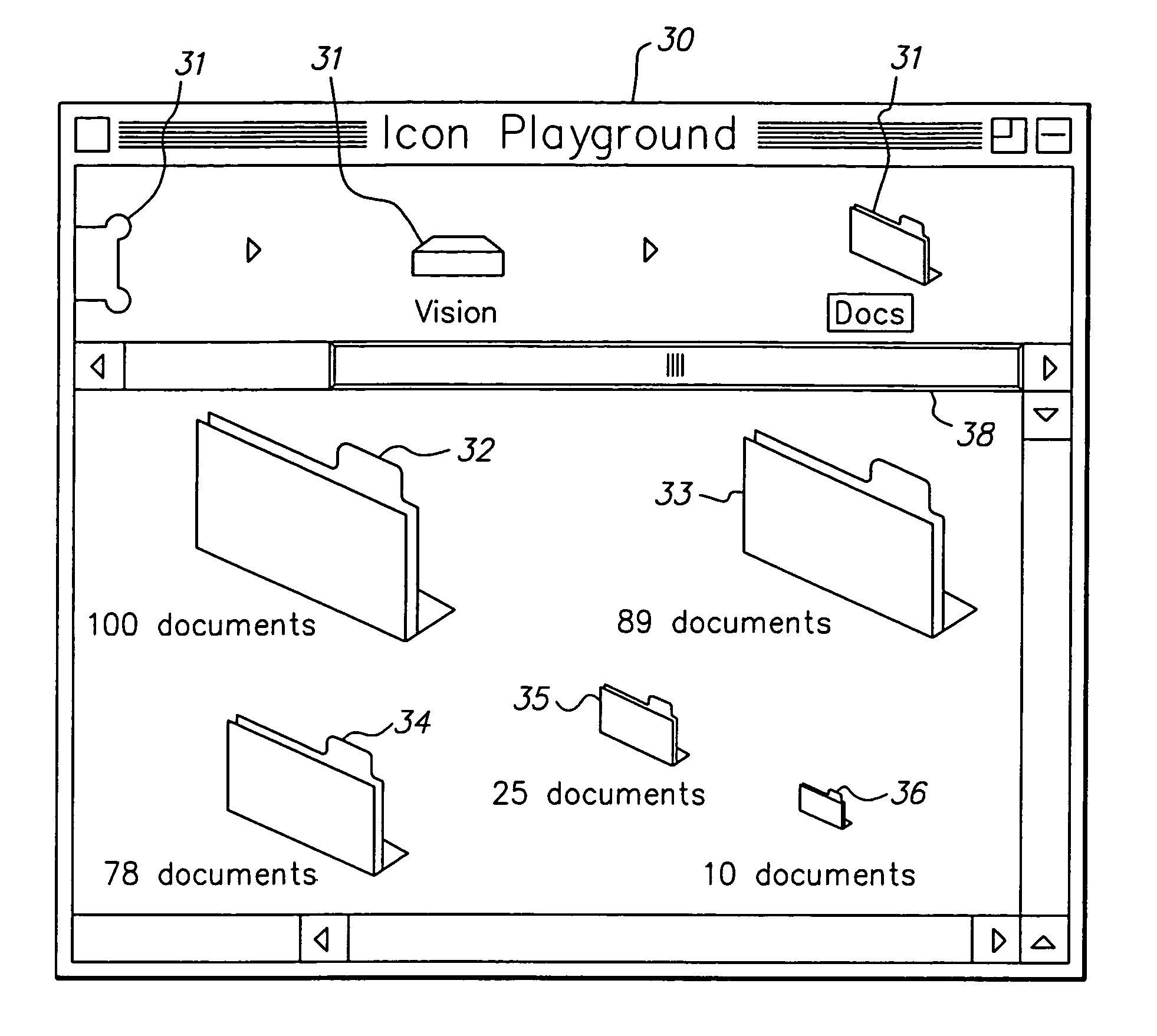 Graphical user interface for computers having variable size icons