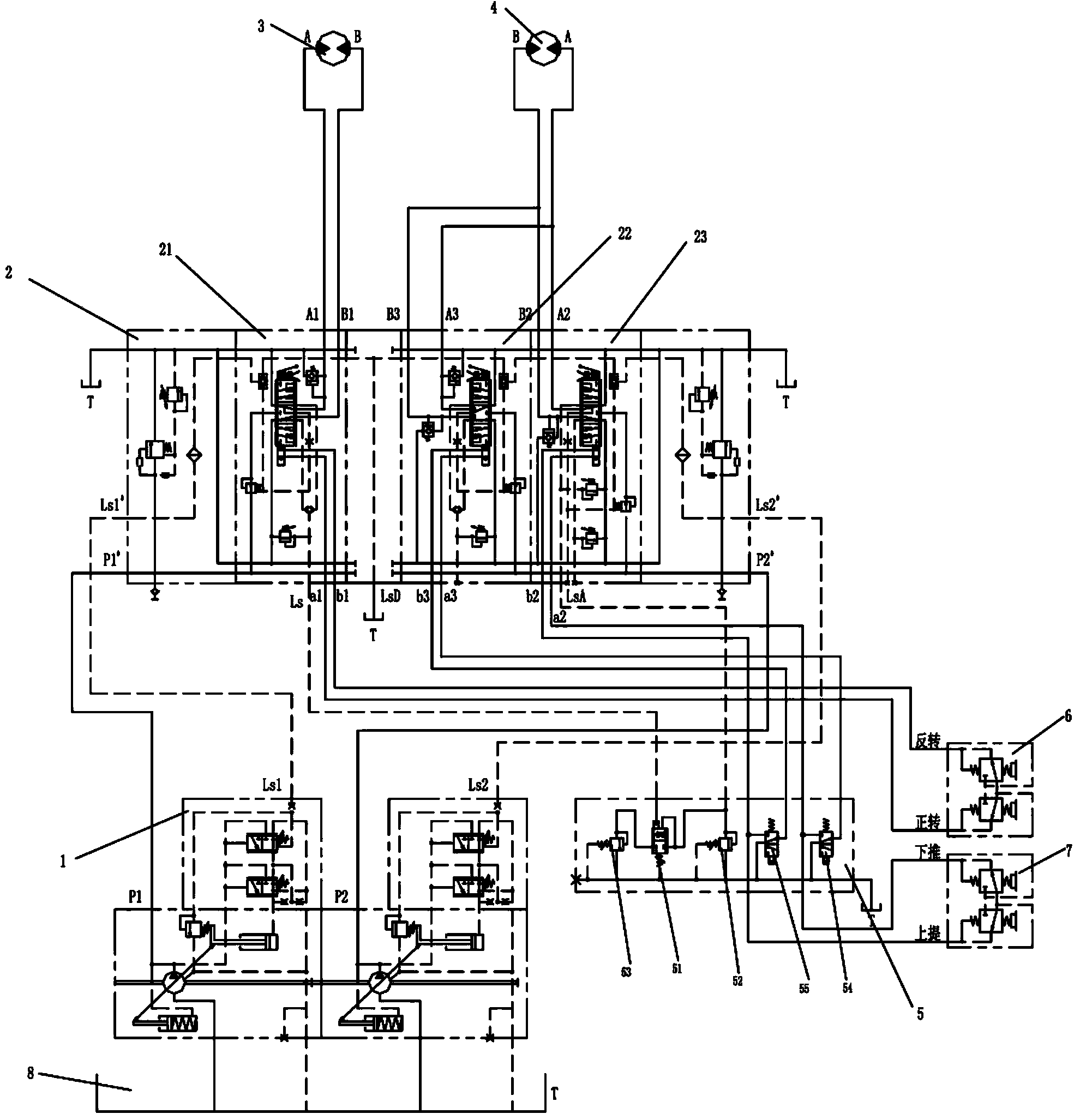 Double-pump hydraulic control loop of key drilling action of cutting drill rig