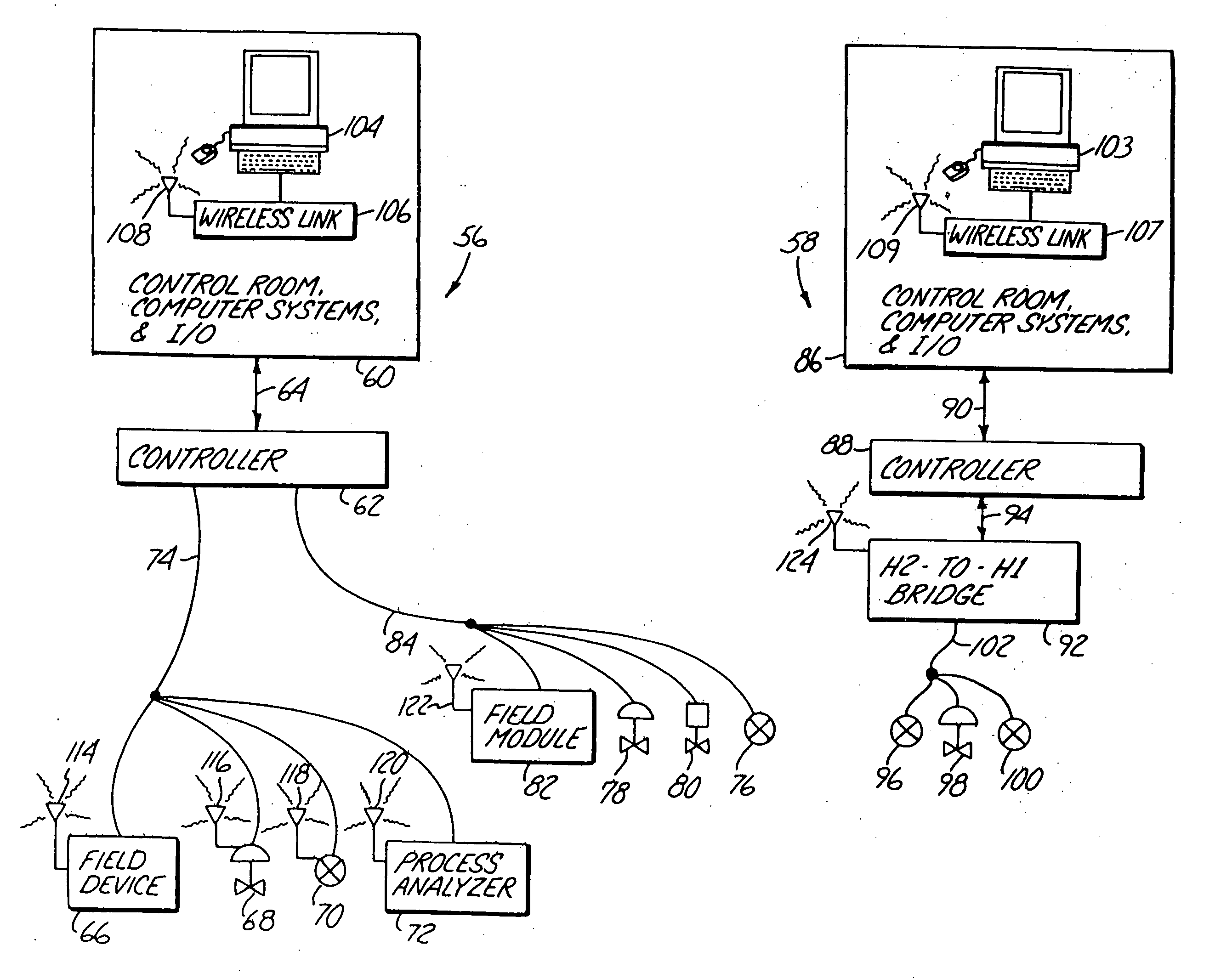 Wireless communications within a process control system using a bus protocol