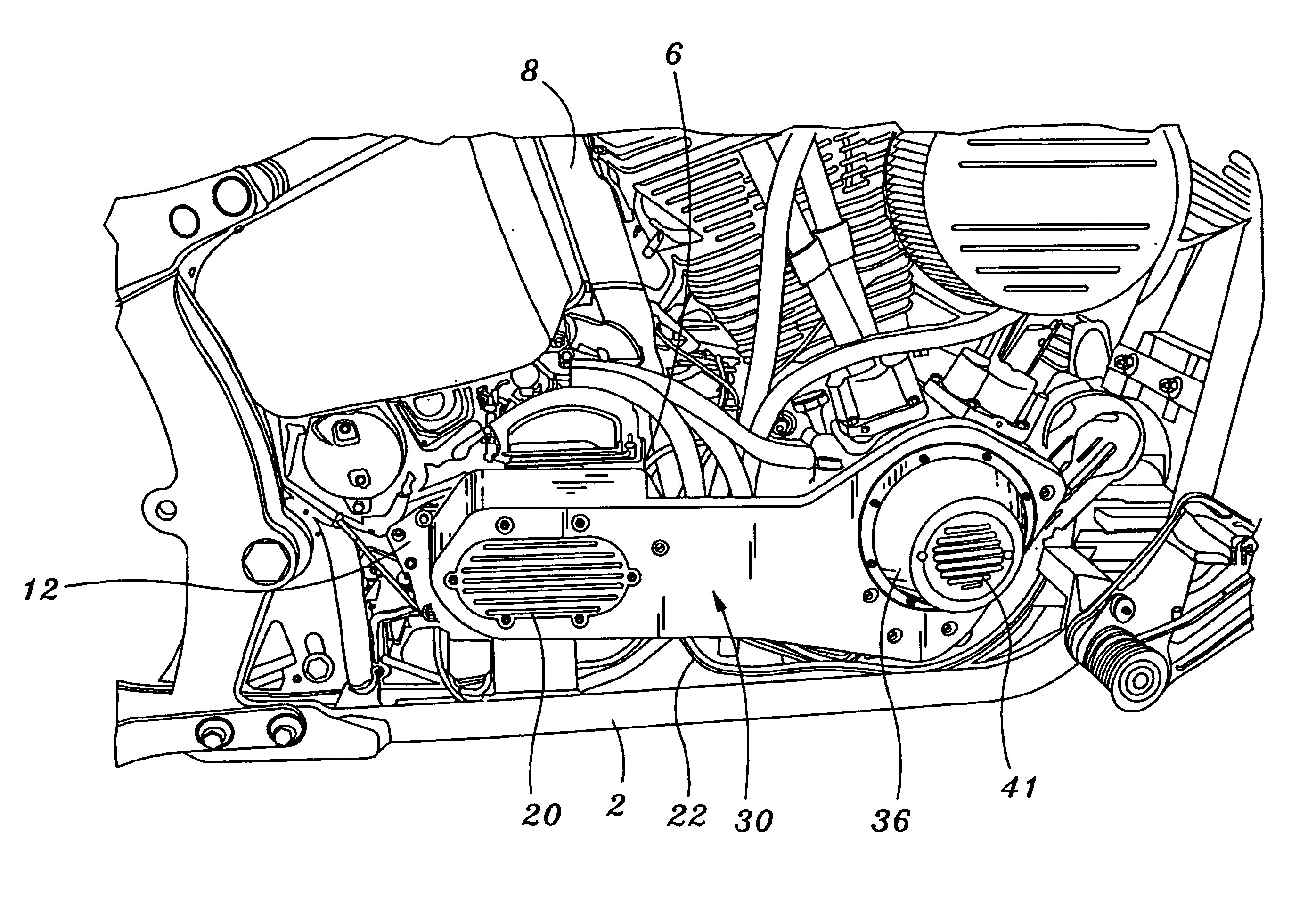 Motorcycle engine and transmission interbracing member