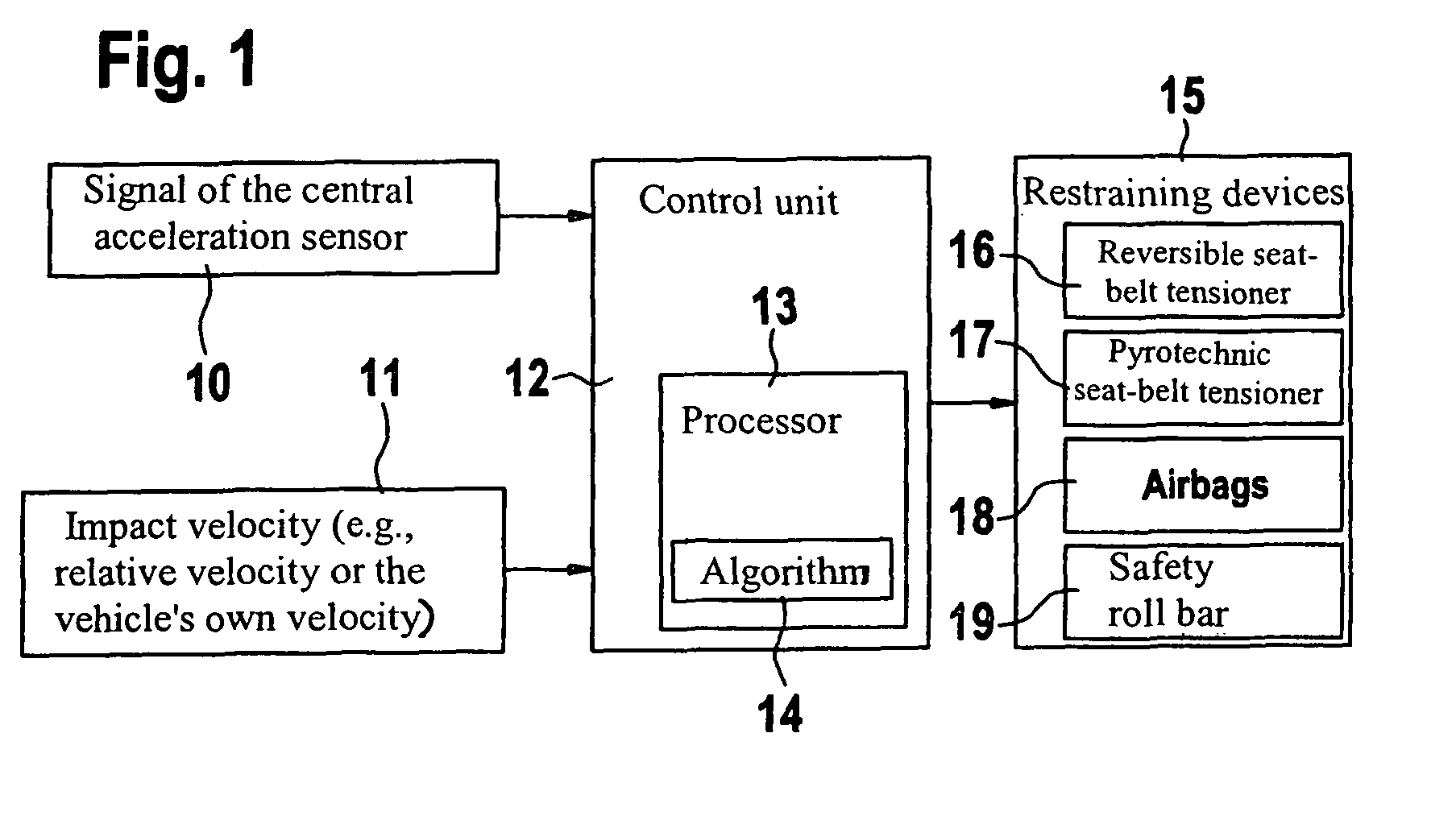 Device for determining the instant a vehicle makes contact with an impact object