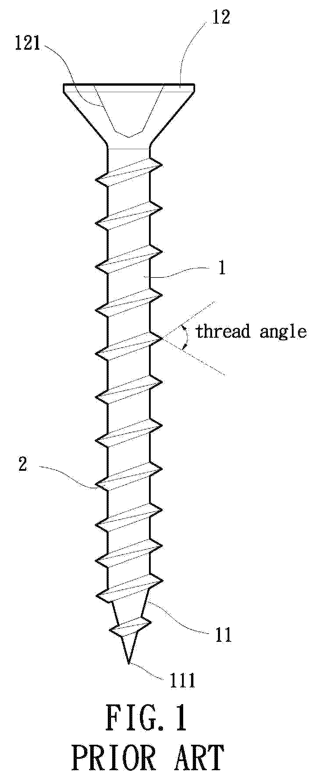 Screw member having two different thread angles formed on a sharp-edged thread