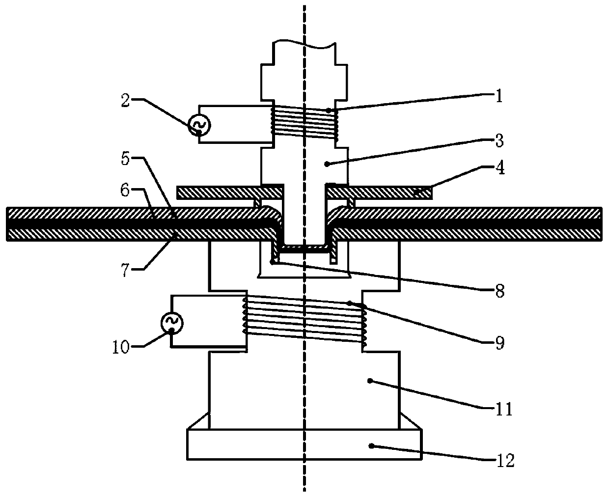 Carbon fiber composite material and aluminum material indirect induction heating rivetless joint vibration joint mold and process