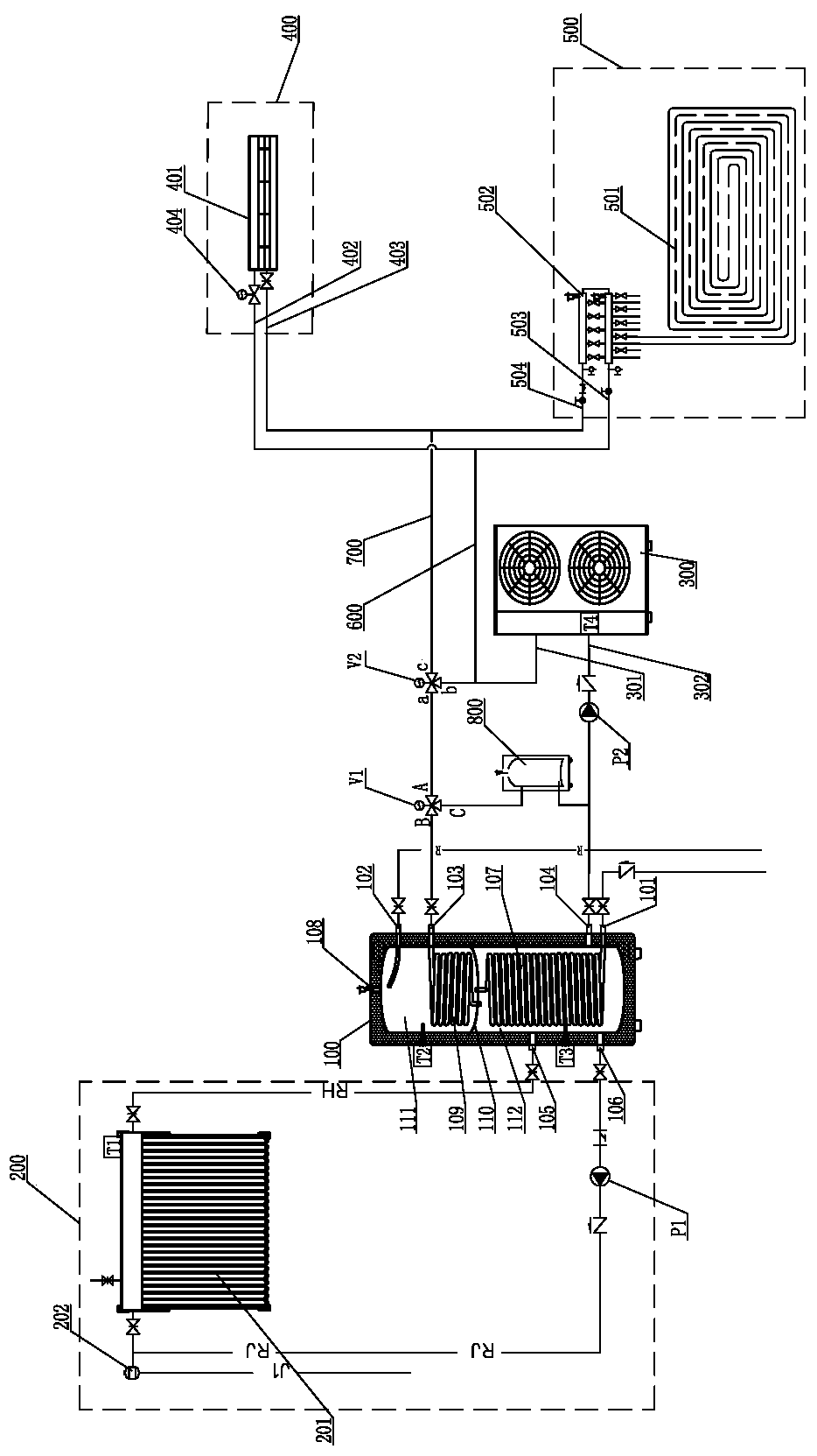 Air source heat pump heating, refrigerating and water heating system and control method thereof