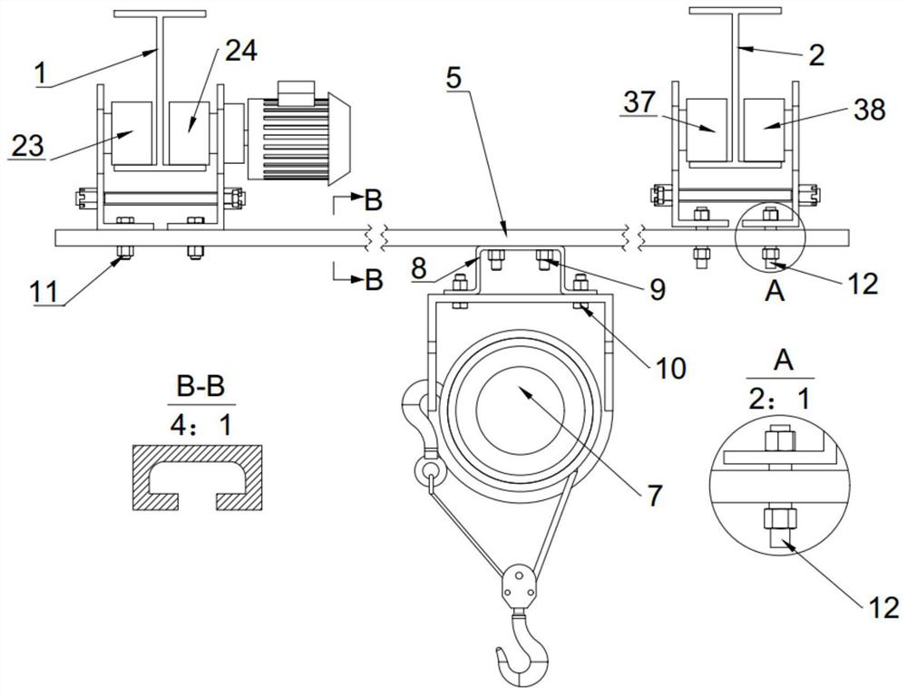Rail gnawing prevention walking device self-adaptive to rail gauge and wheel pressure