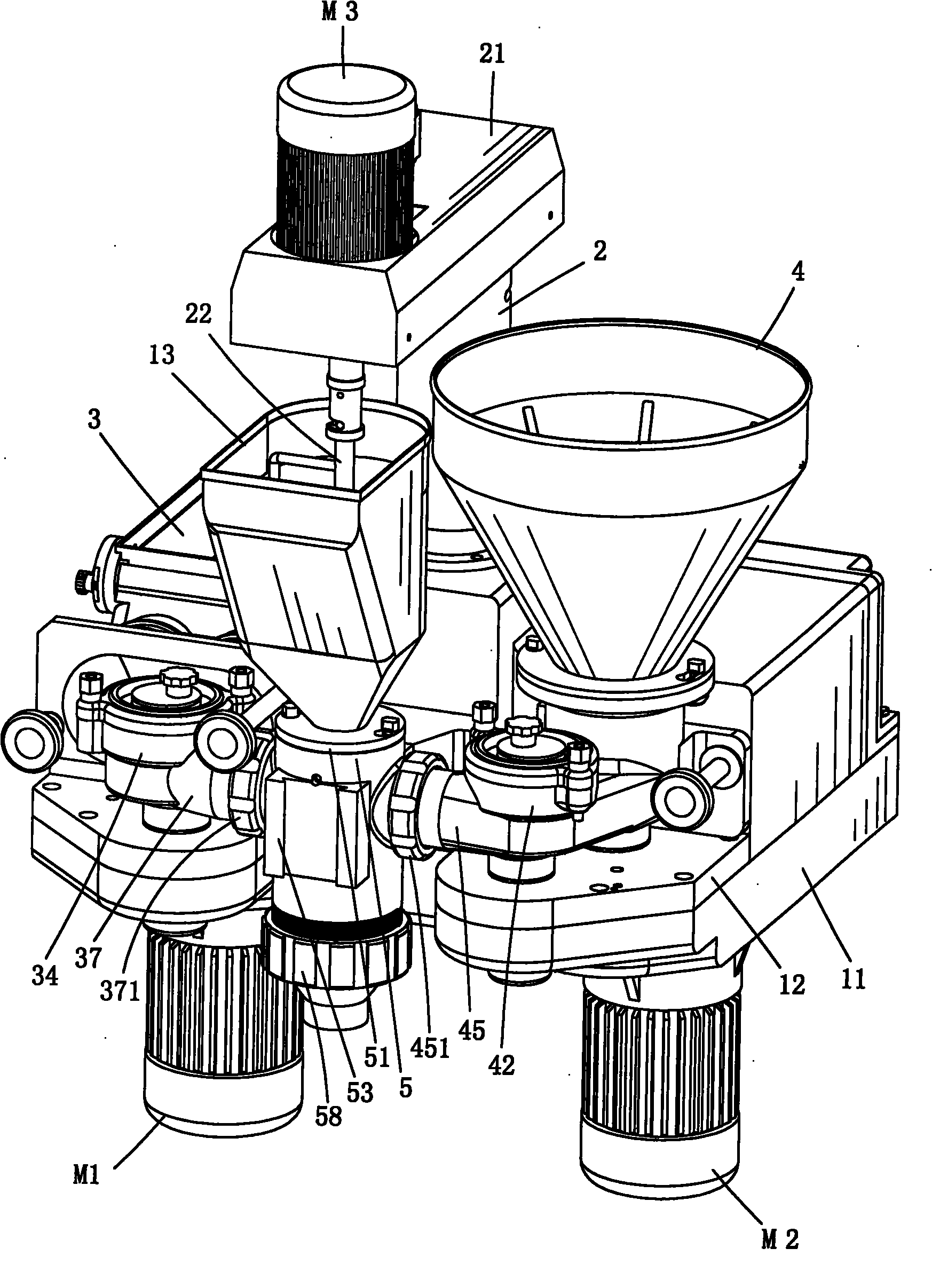 Three-layer encrusting machine with interchangeable horizontal and vertical feeding modes