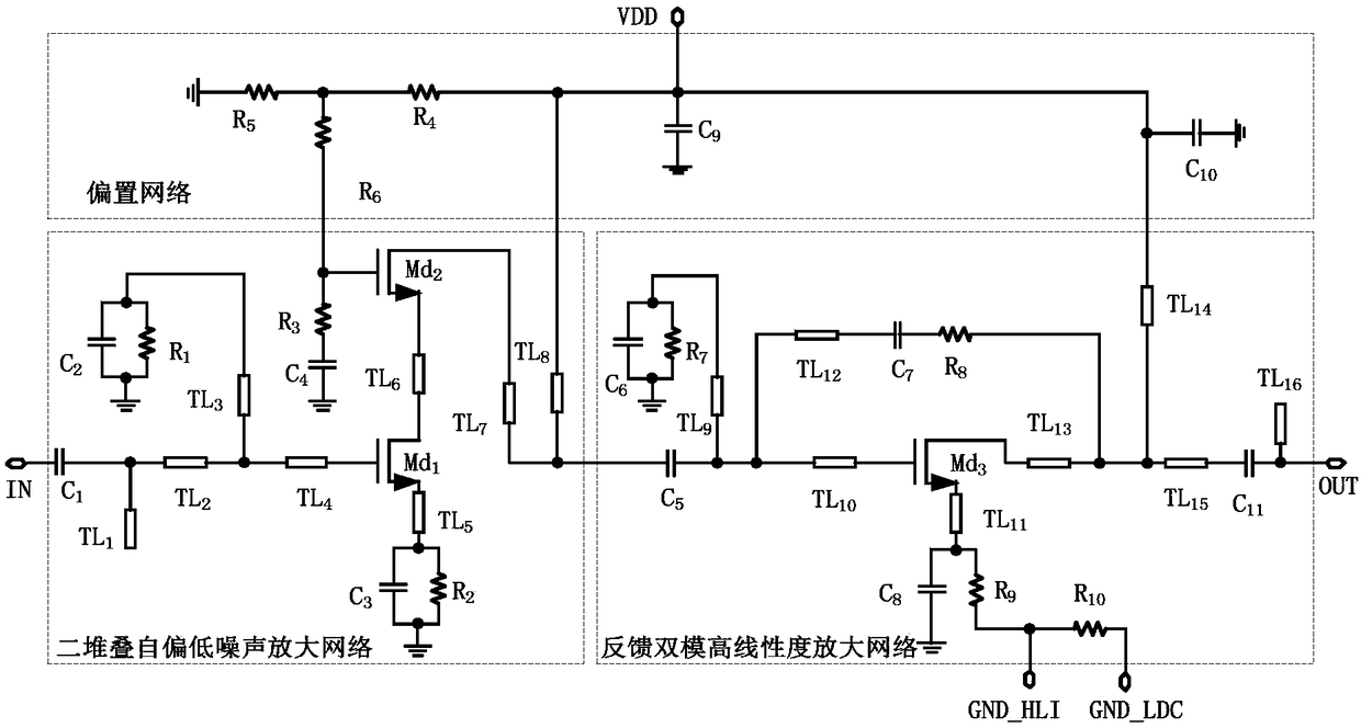 Dual-mode millimeter wave broadband stacking low noise amplifier with low power consumption and high linearity