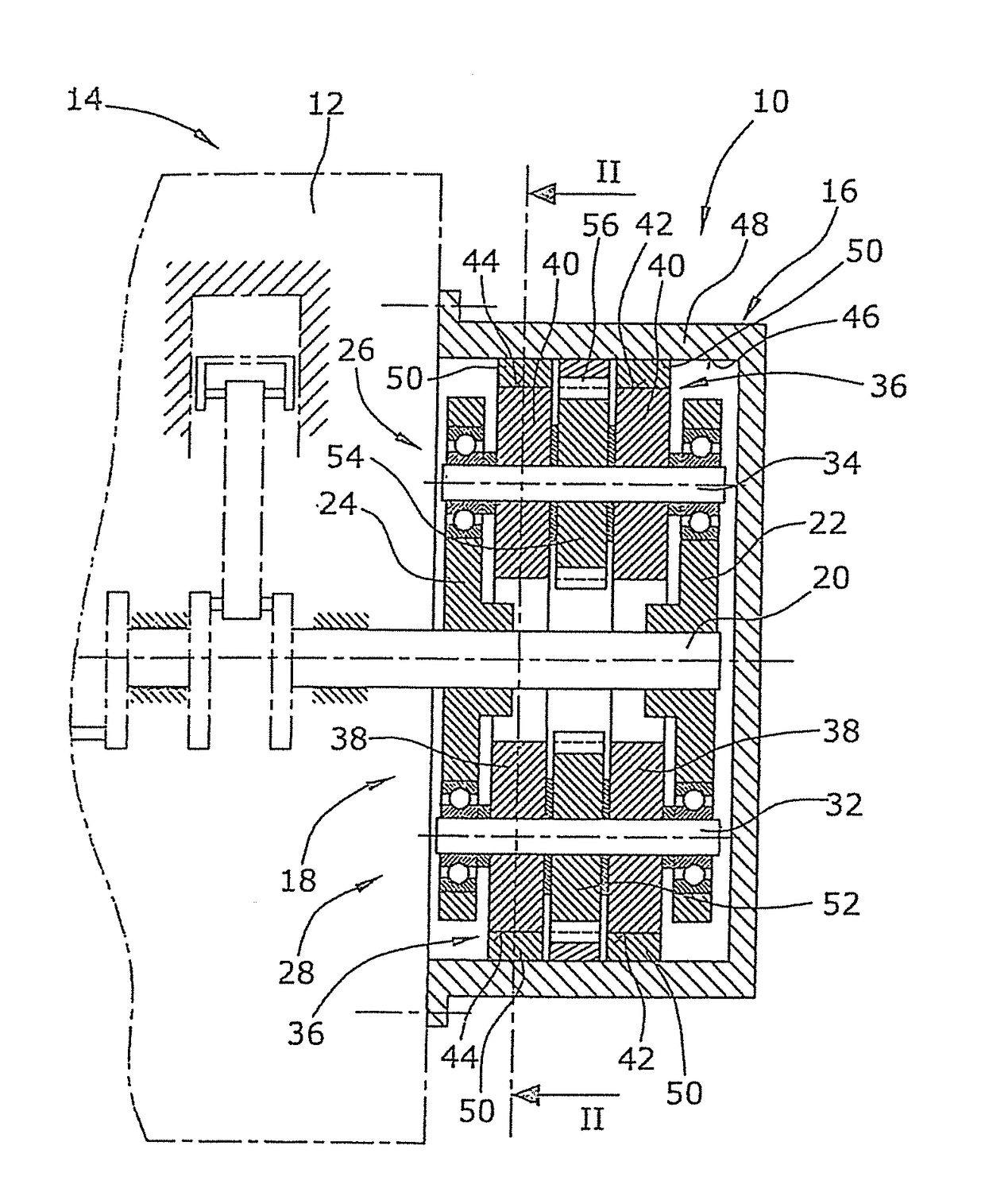 Centrifugal mass arrangement for the balancing of rotational accelerations of an engine housing