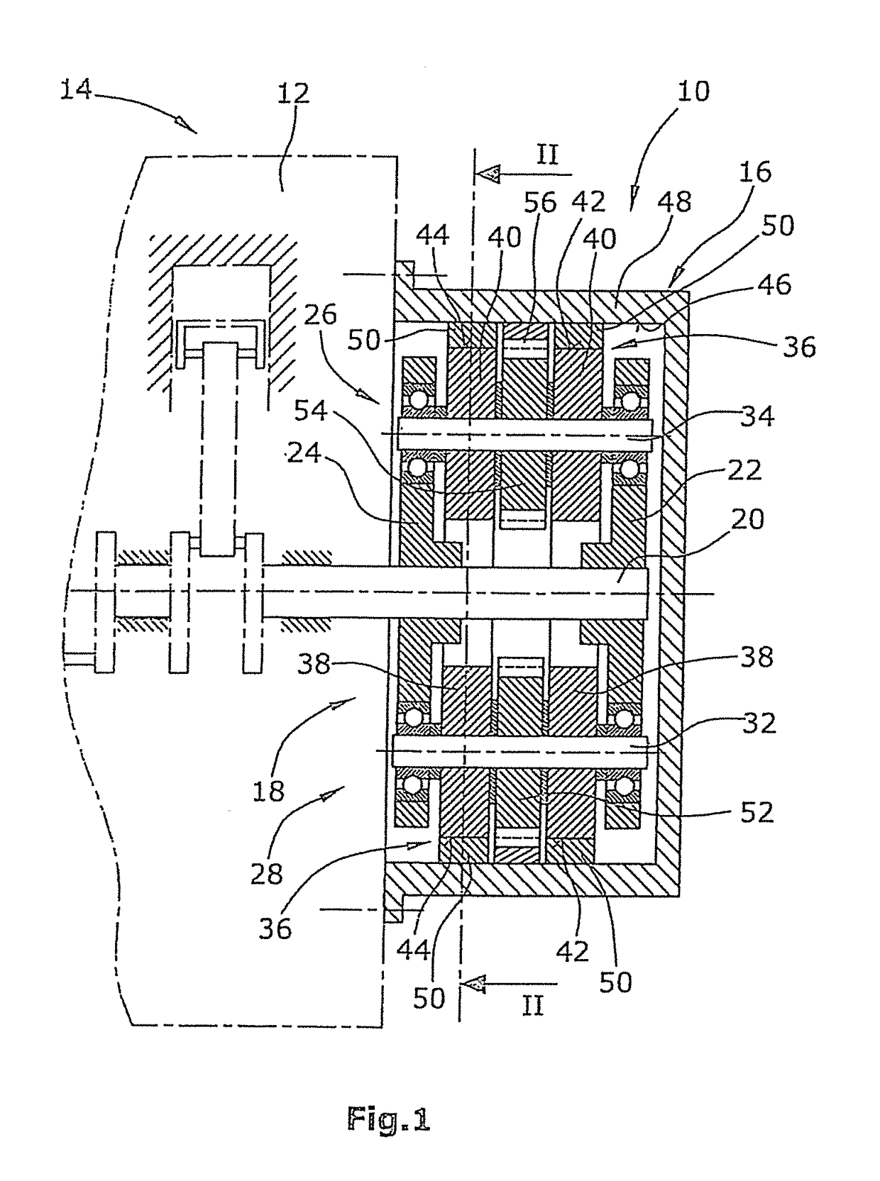 Centrifugal mass arrangement for the balancing of rotational accelerations of an engine housing