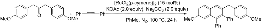 Method for preparing polyaryl substituted naphthalene derivative by ruthenium-catalyzing aromatic ketone and diphenylacetylene cyclization reaction and application