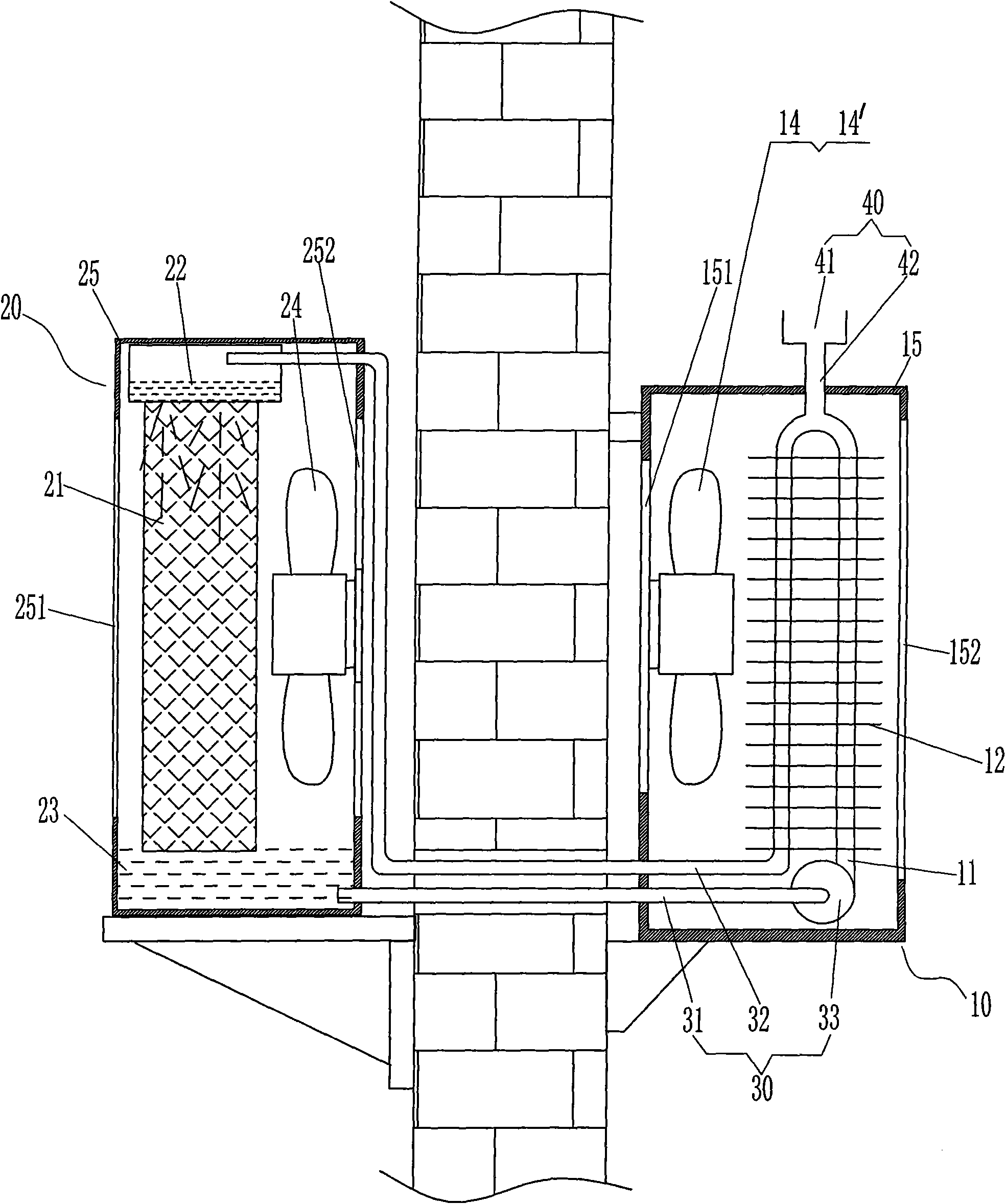 Split type water-cooling air conditioner fan device and cooling method thereof