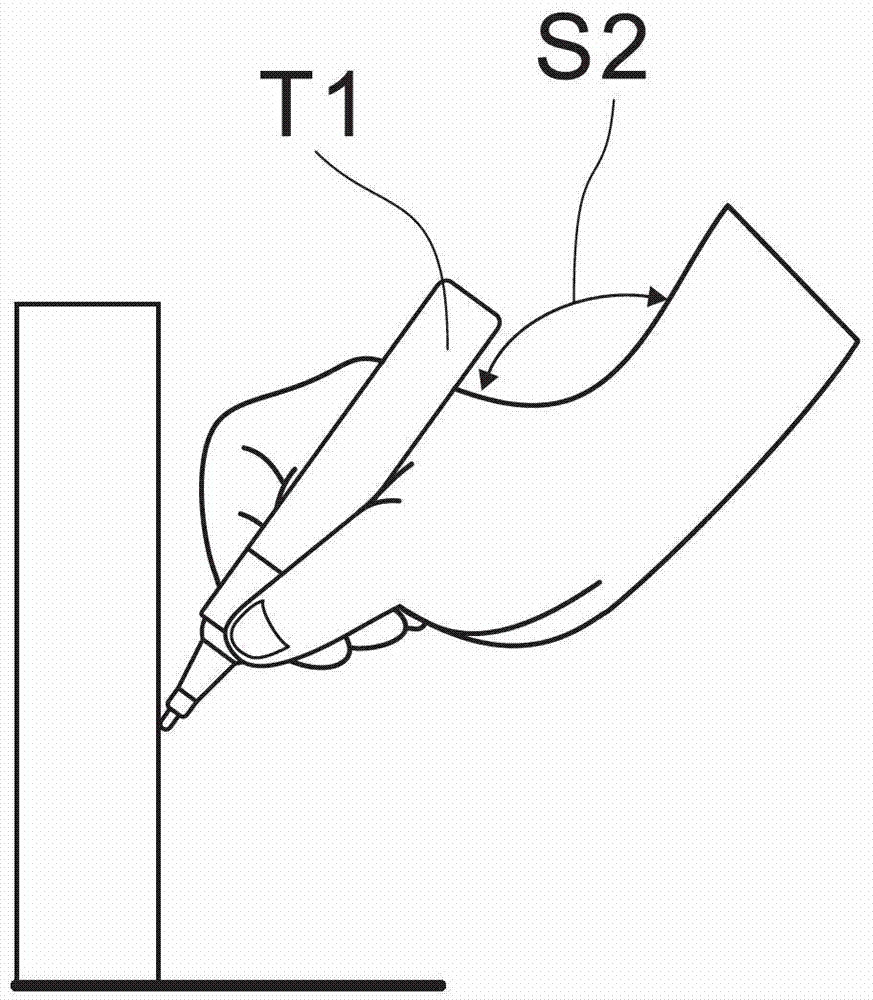 Marking pen with bent holding portion and clamped ink tube