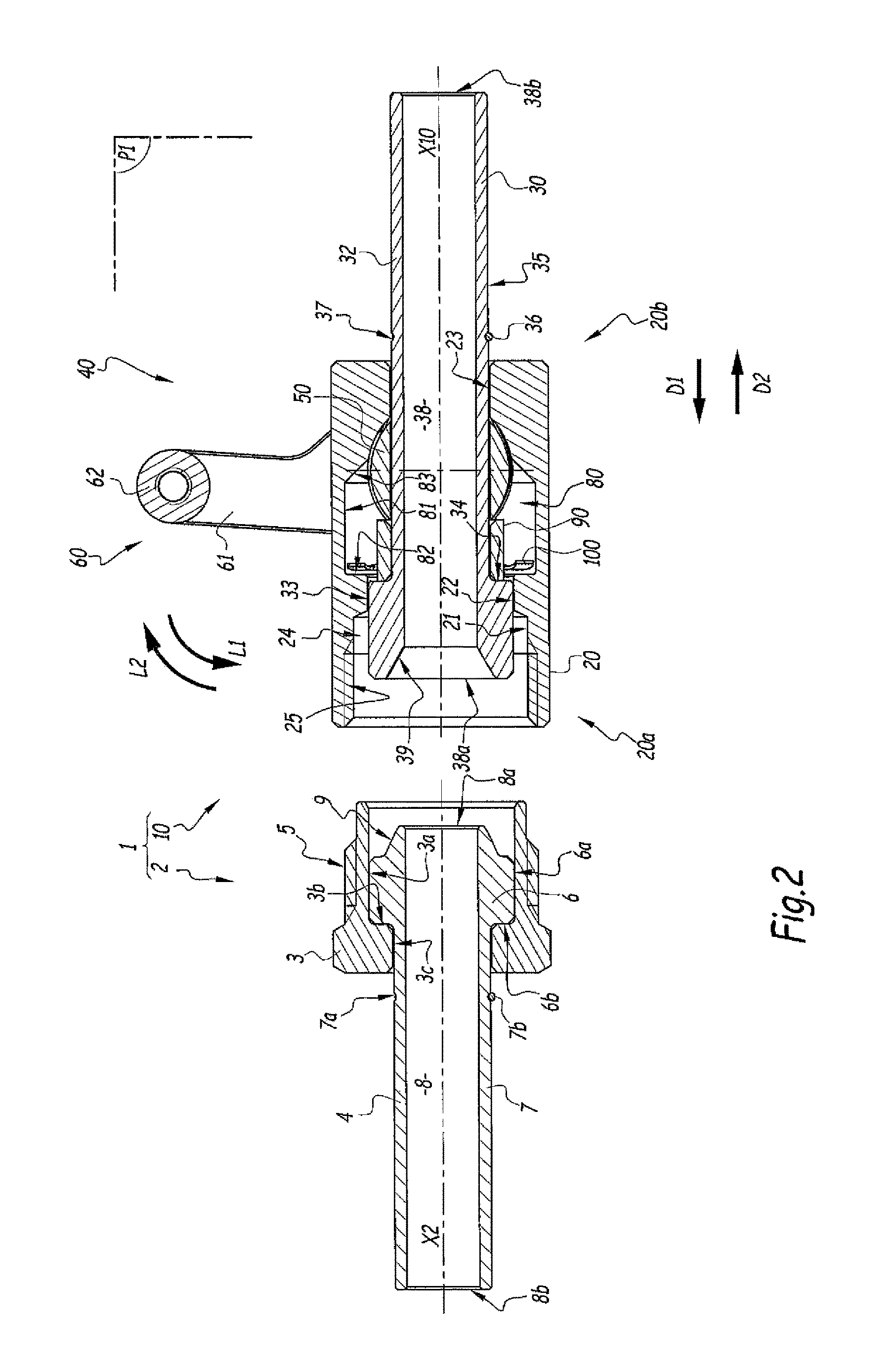 Connecting device, and connector comprising such a device