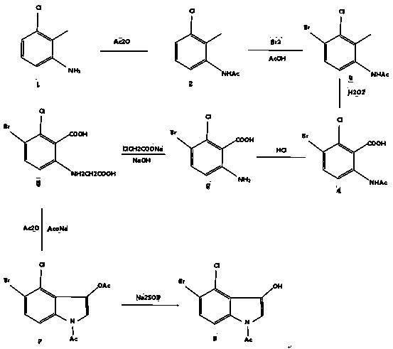 Method for synthesizing 5-bromine-4-chlorine-1-acetyl-3-indoxyl