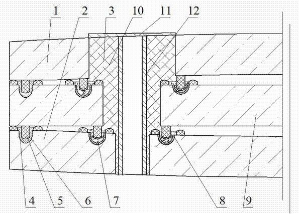 High-temperature-sheet-combination convex double-vacuum-layer glass provided with edges sealed by sealing grooves and sealing strips and provided with mounting hole(s)