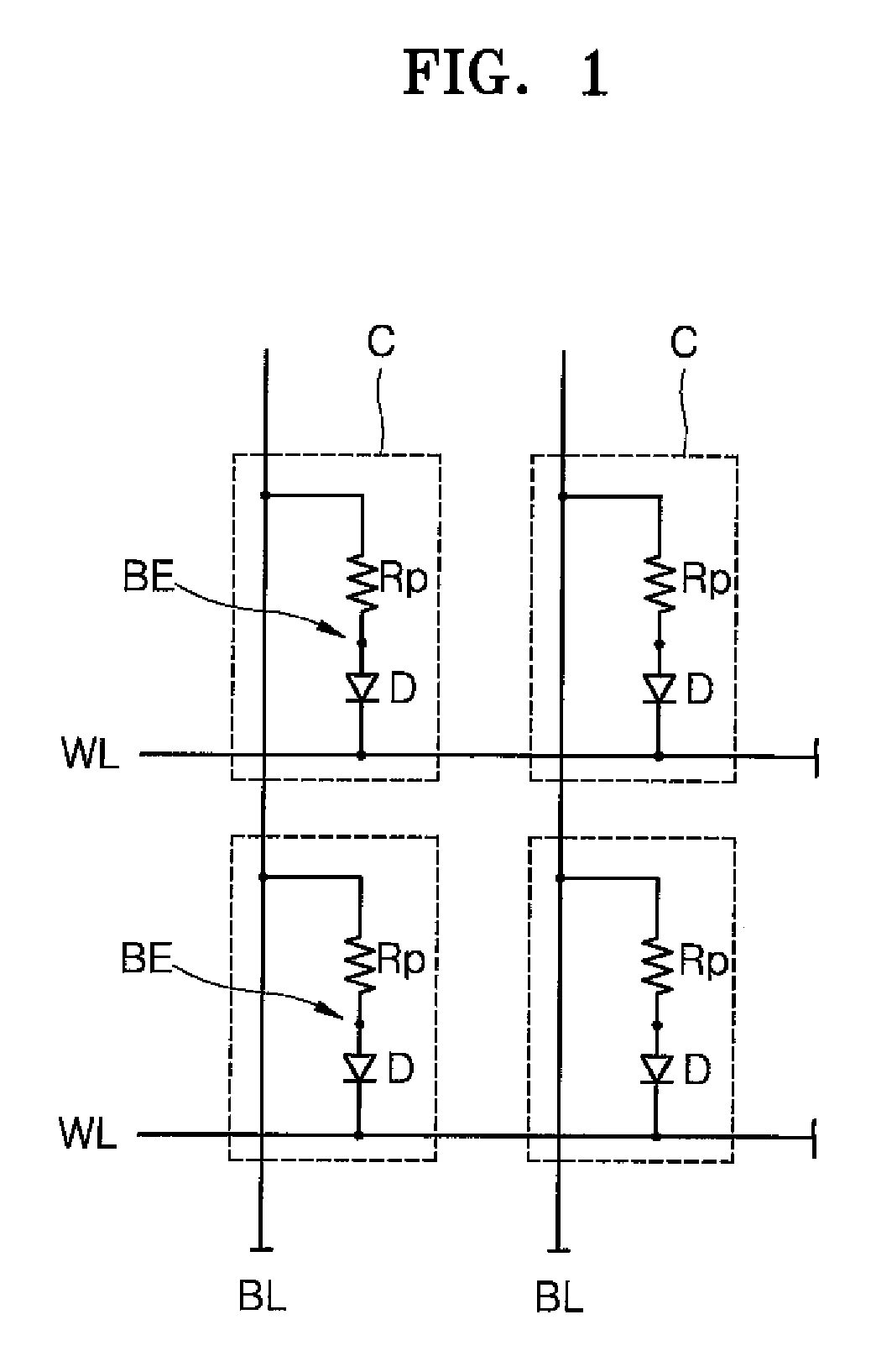 Phase-change memory device having phase change material pattern shared between adjacent cells and electronic product including the phase-change memory